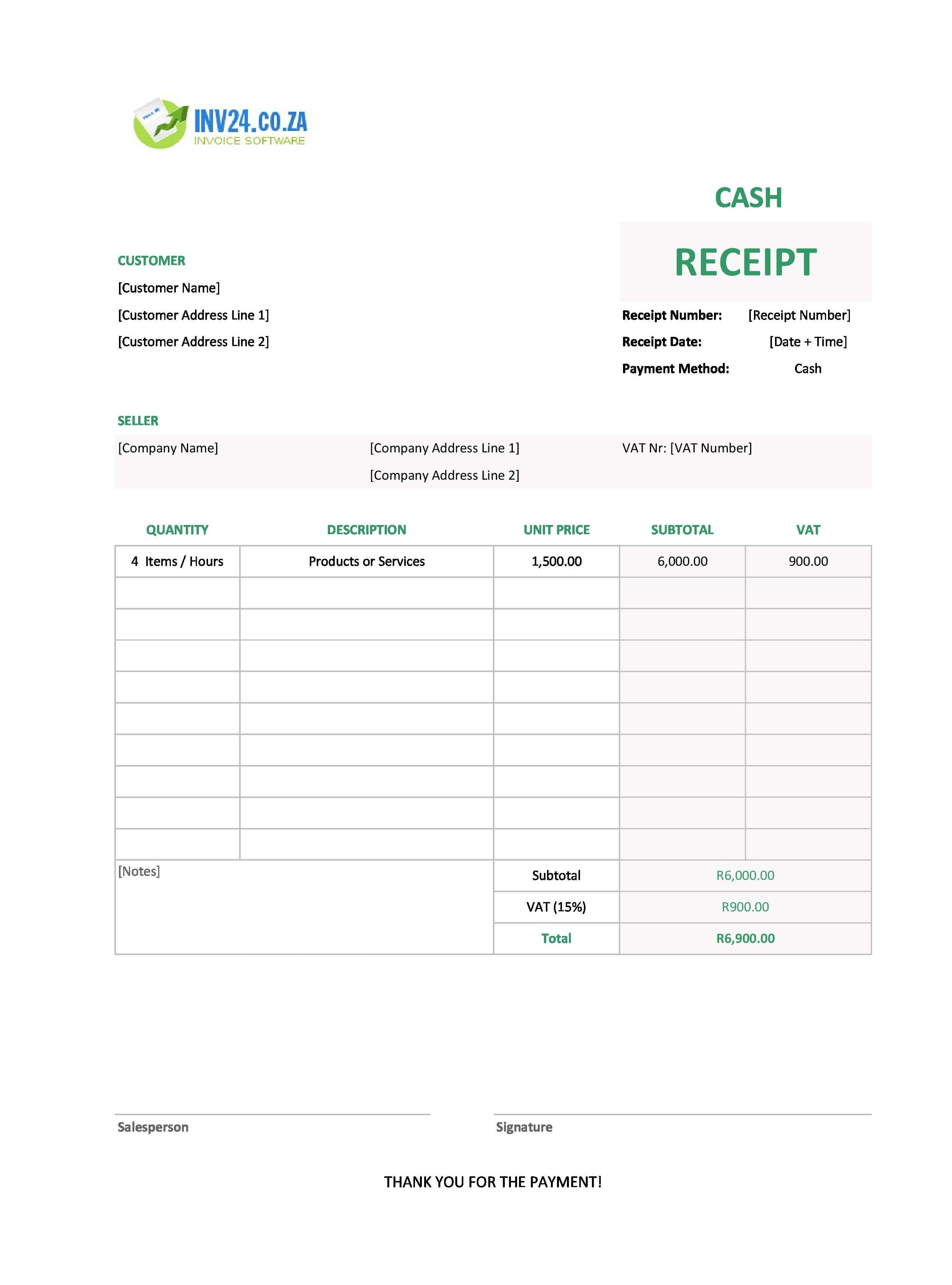 Blank Cash Receipt Template for South Africa (Excel / Google Sheets)
