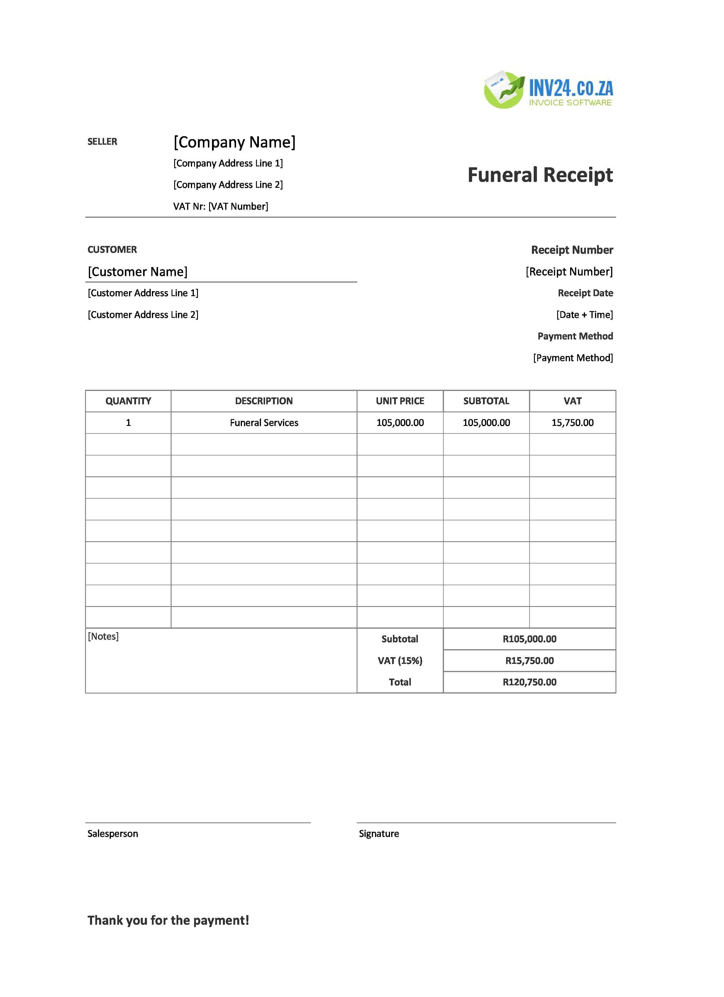 Blank Funeral Receipt Template for South Africa (Excel / Google Sheets)