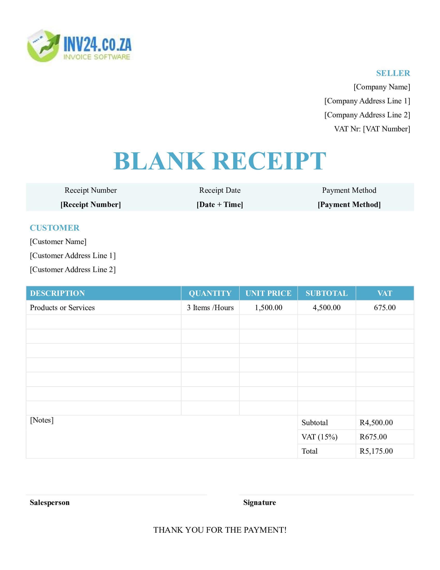 Blank Receipt Template for South Africa (Word / Google Docs)