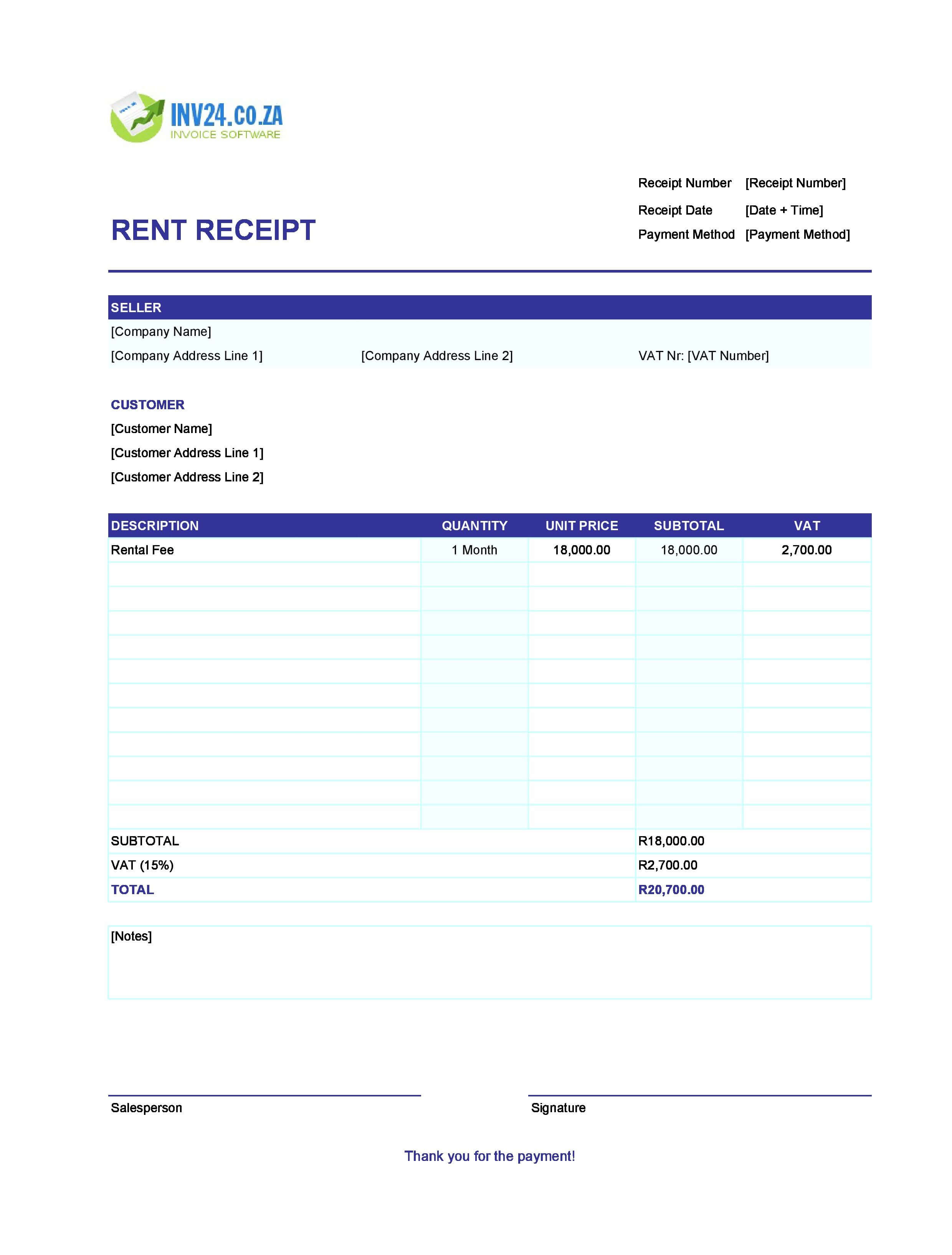 Blank Rent Receipt Template for South Africa (Excel / Google Sheets)