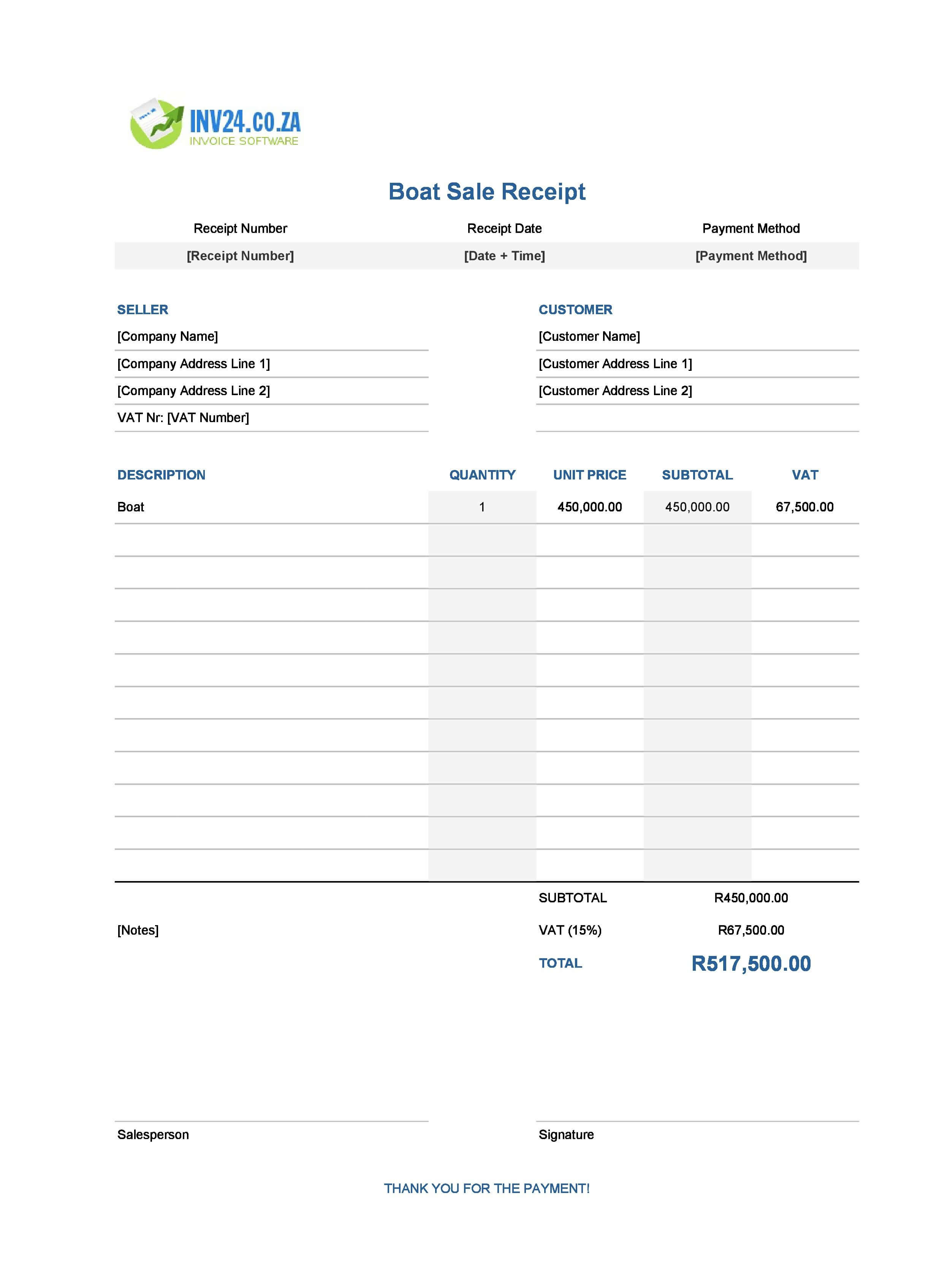 Boat Sale Receipt Template for South Africa (Excel / Google Sheets)