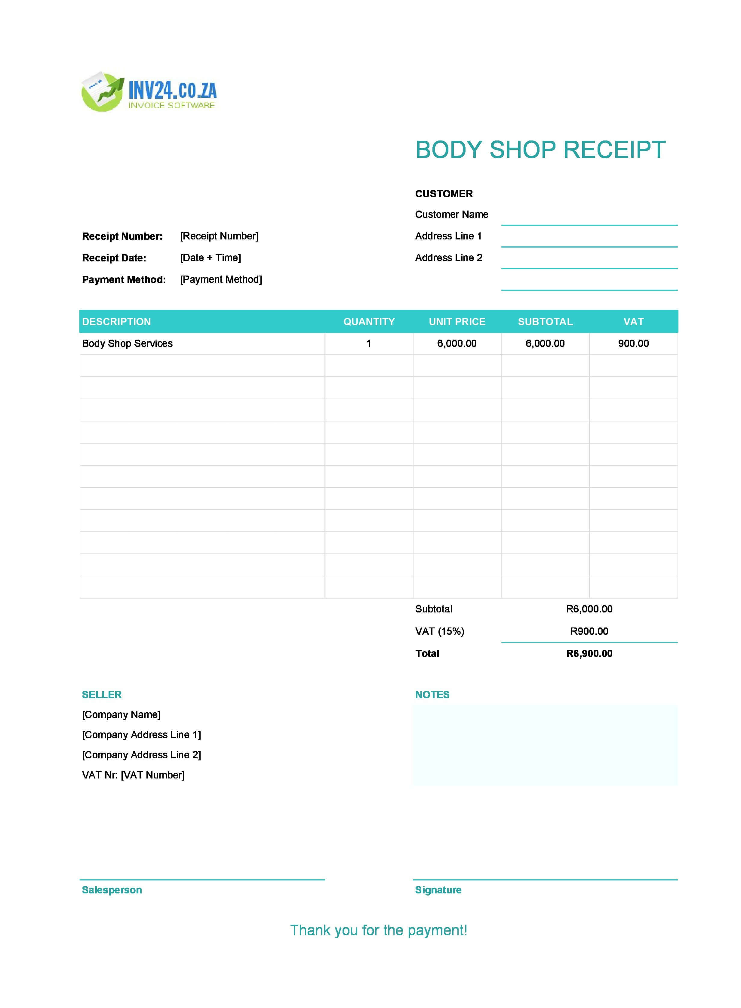 Body Shop Receipt Template for South Africa (Excel / Google Sheets)