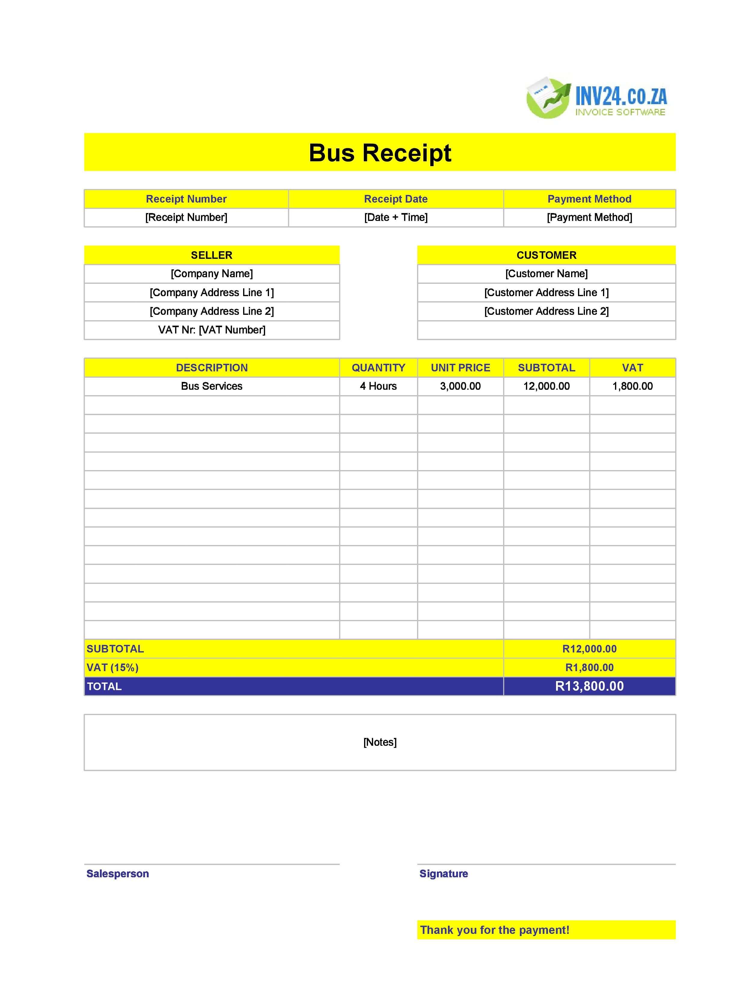 Bus Receipt Template for South Africa (Excel / Google Sheets)