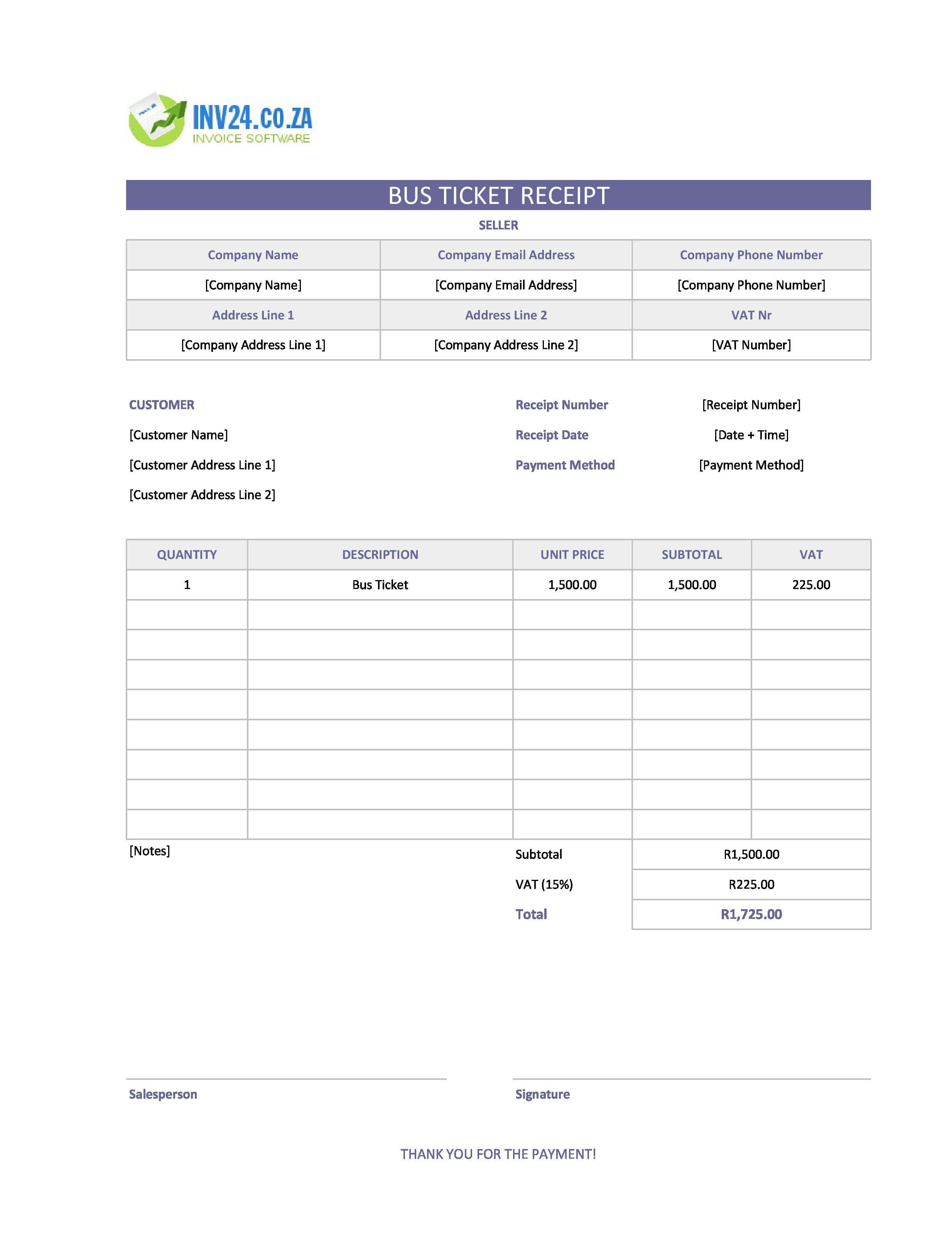 Bus Ticket Receipt Template for South Africa (Excel / Google Sheets)