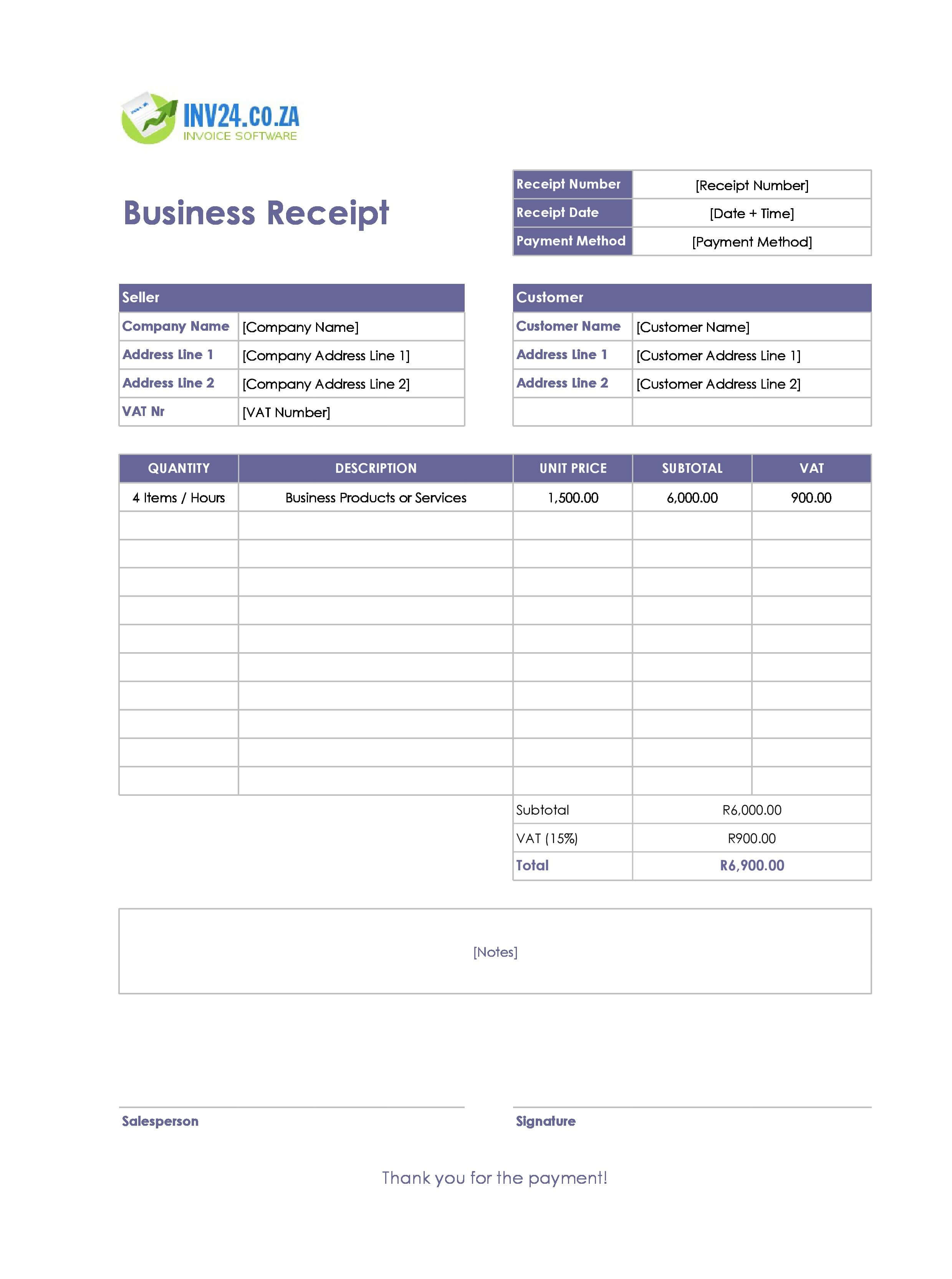 Business Receipt Template for South Africa (Excel / Google Sheets)