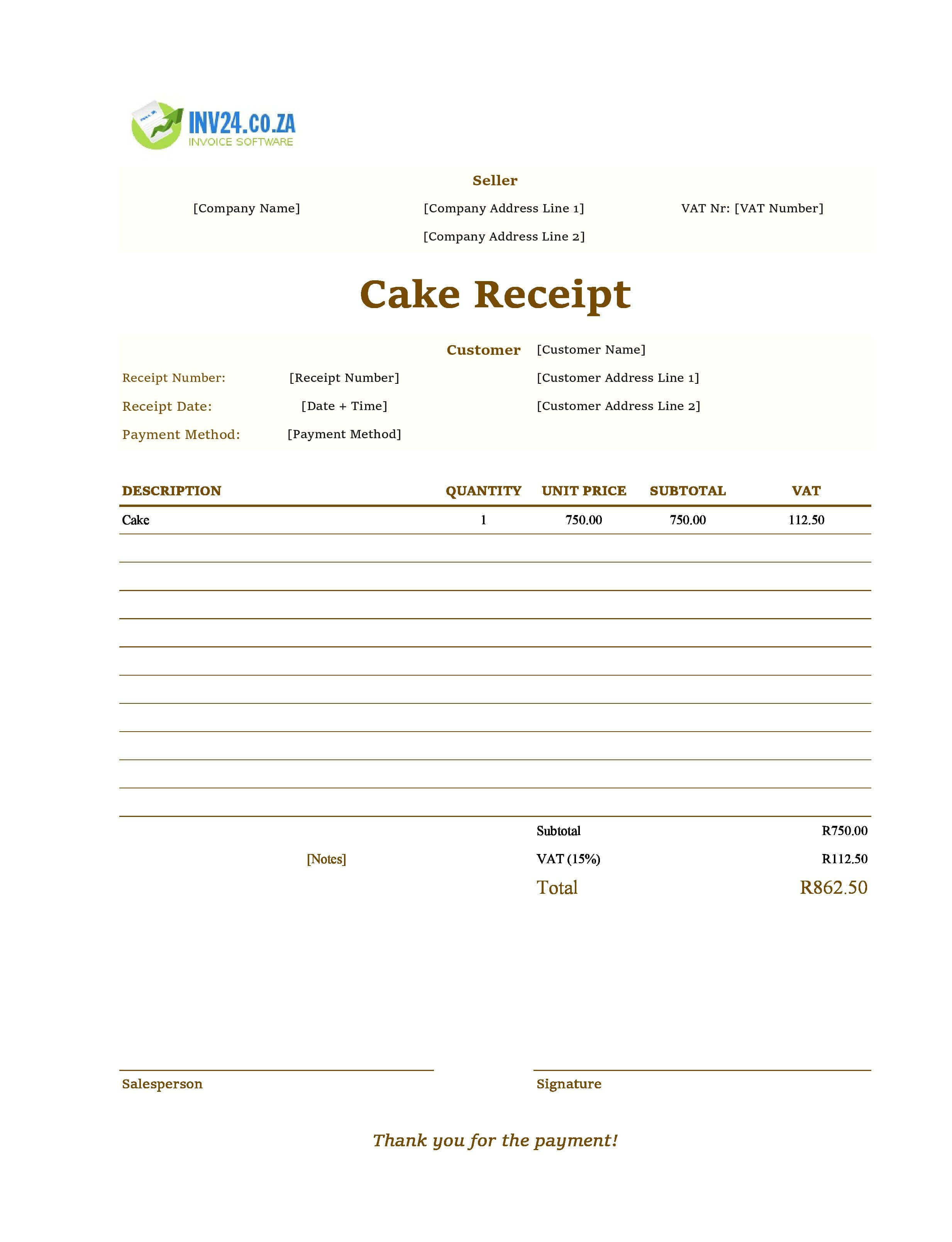Cake Receipt Template for South Africa (Excel / Google Sheets)