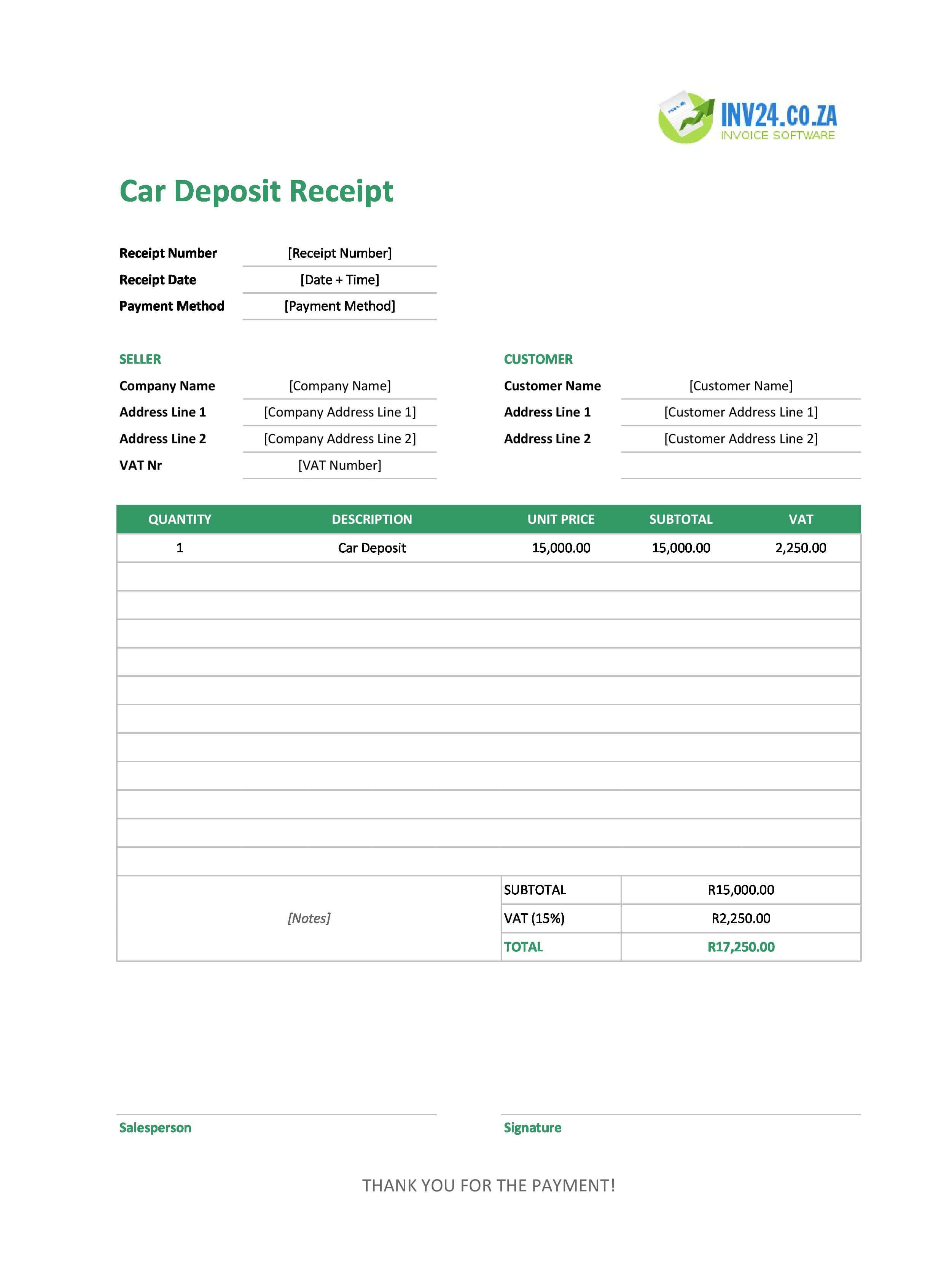 Car Deposit Receipt Template for South Africa (Excel / Google Sheets)