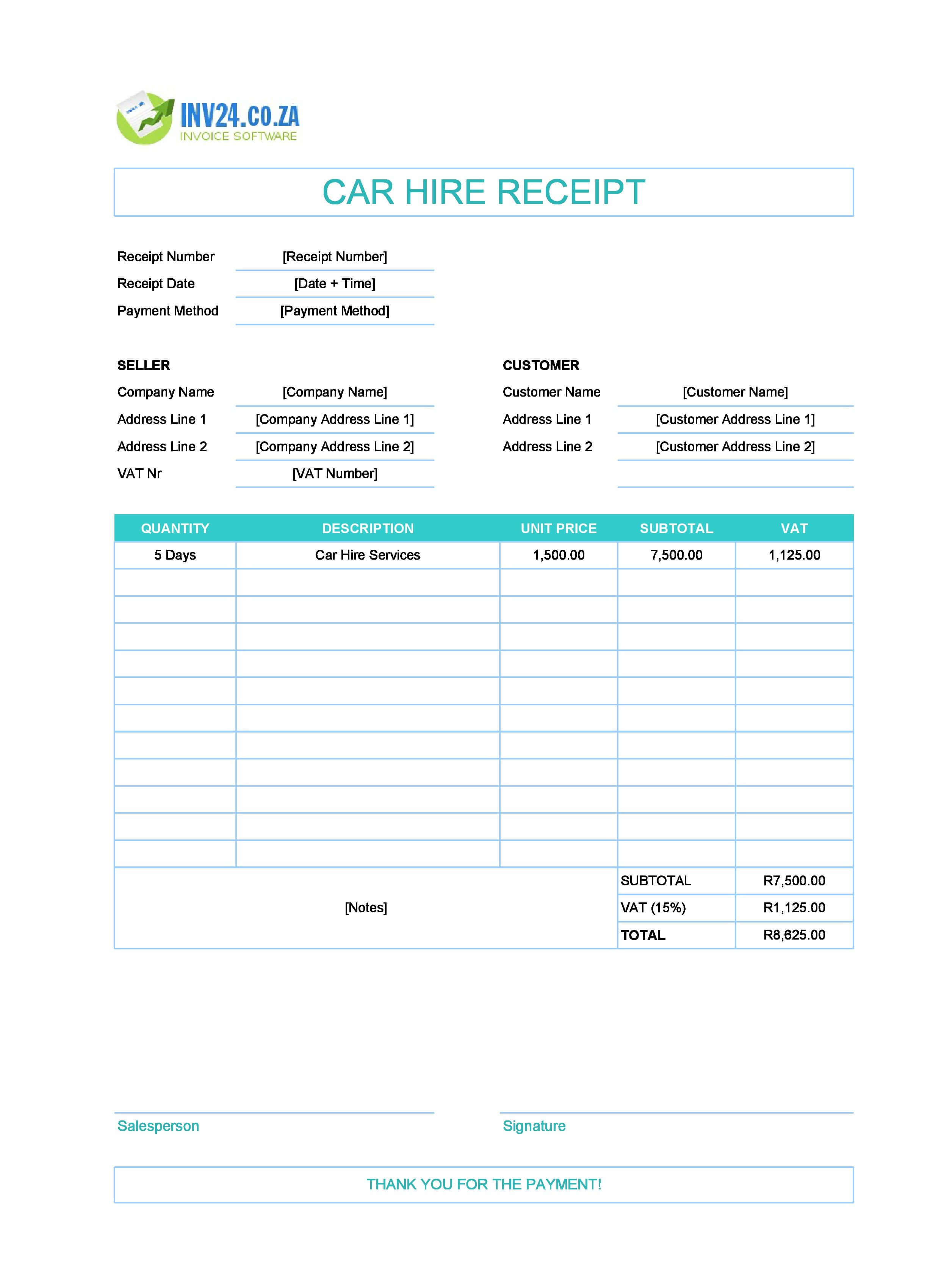 Car Hire Receipt Template for South Africa (Excel / Google Sheets)