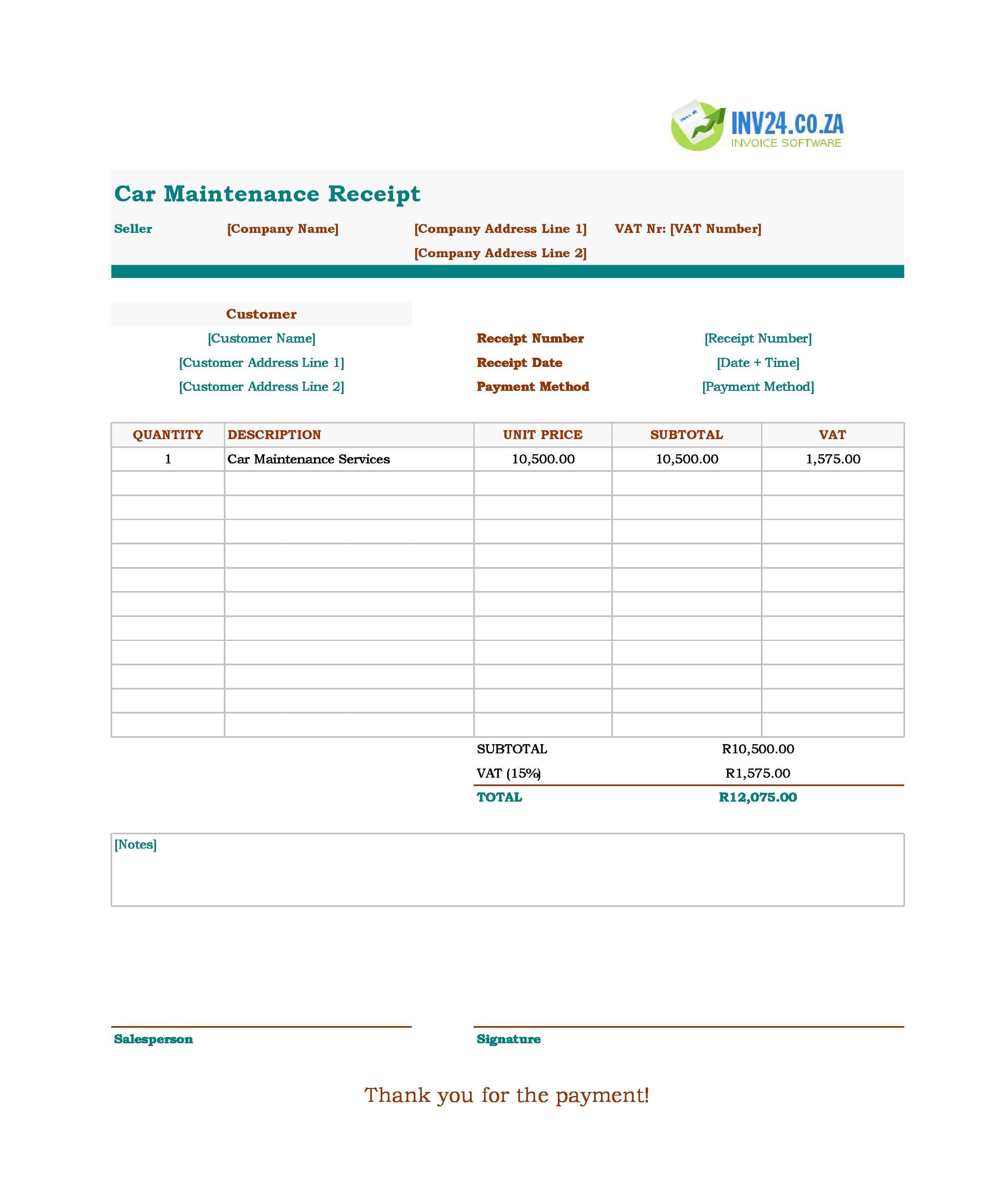 Car Maintenance Receipt Template for South Africa (Excel / Google Sheets)