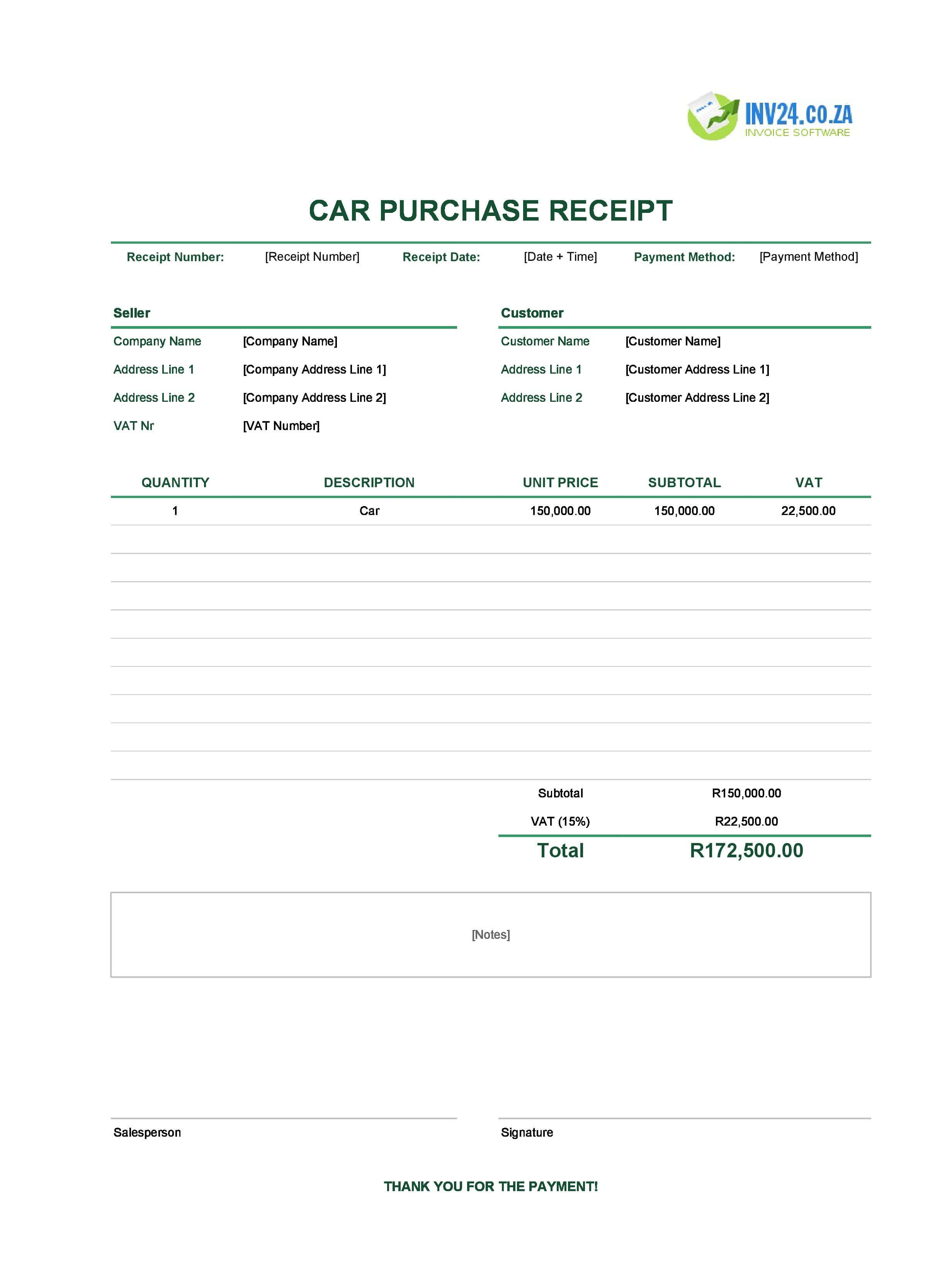 Car Purchase Receipt Template for South Africa (Excel / Google Sheets)