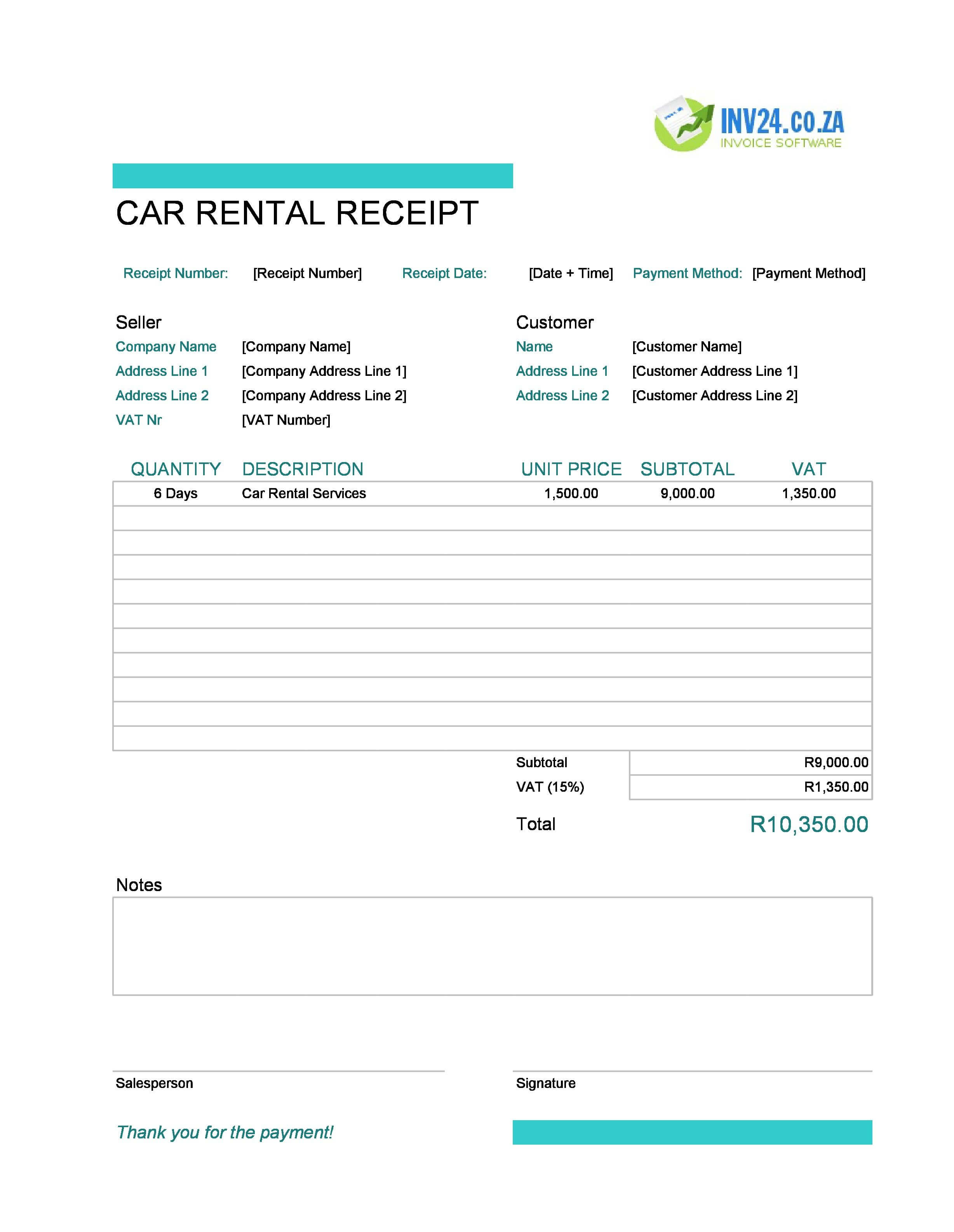 Car Rental Receipt Template for South Africa (Excel / Google Sheets)