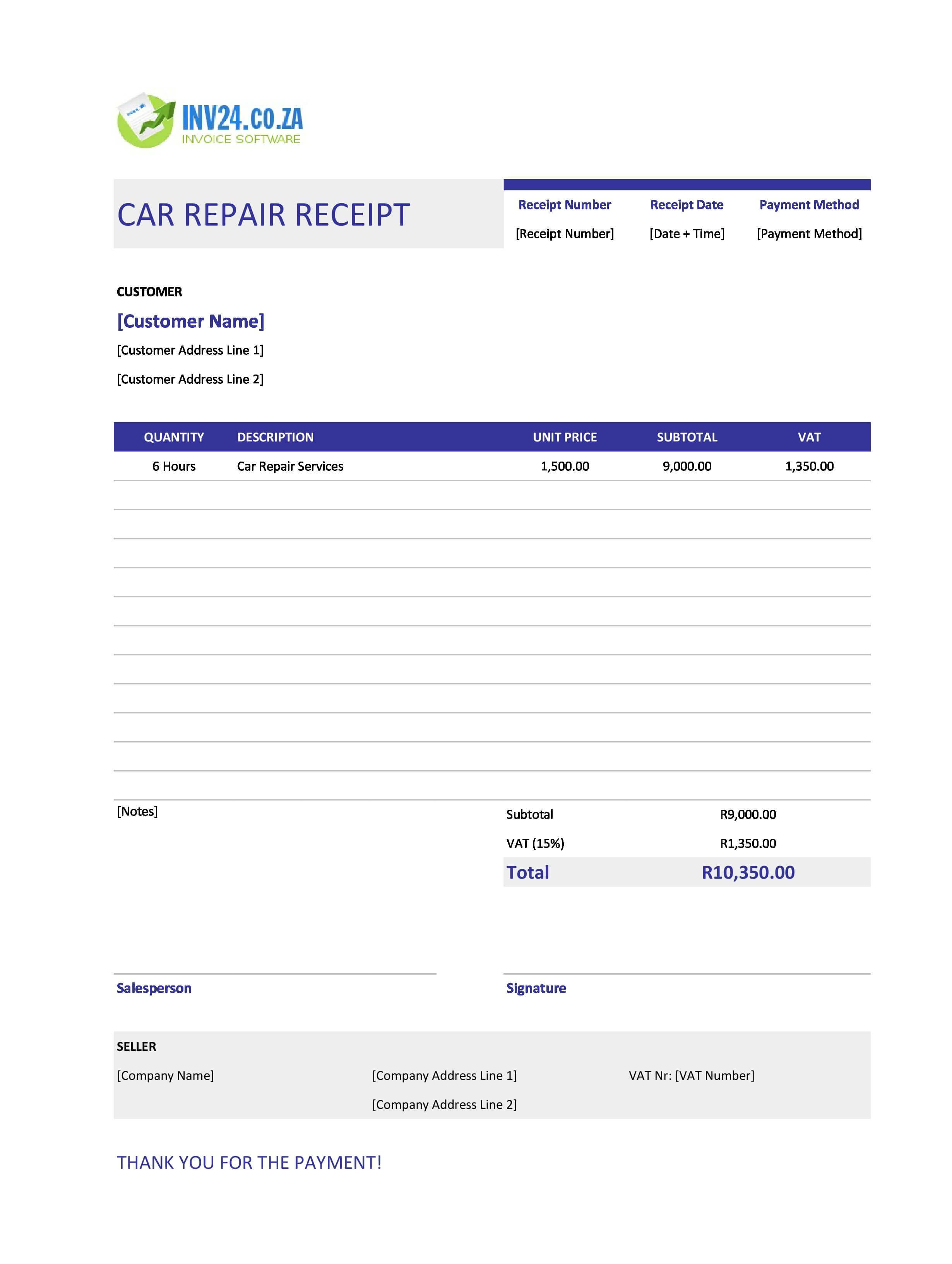 Car Repair Receipt Template for South Africa (Excel / Google Sheets)