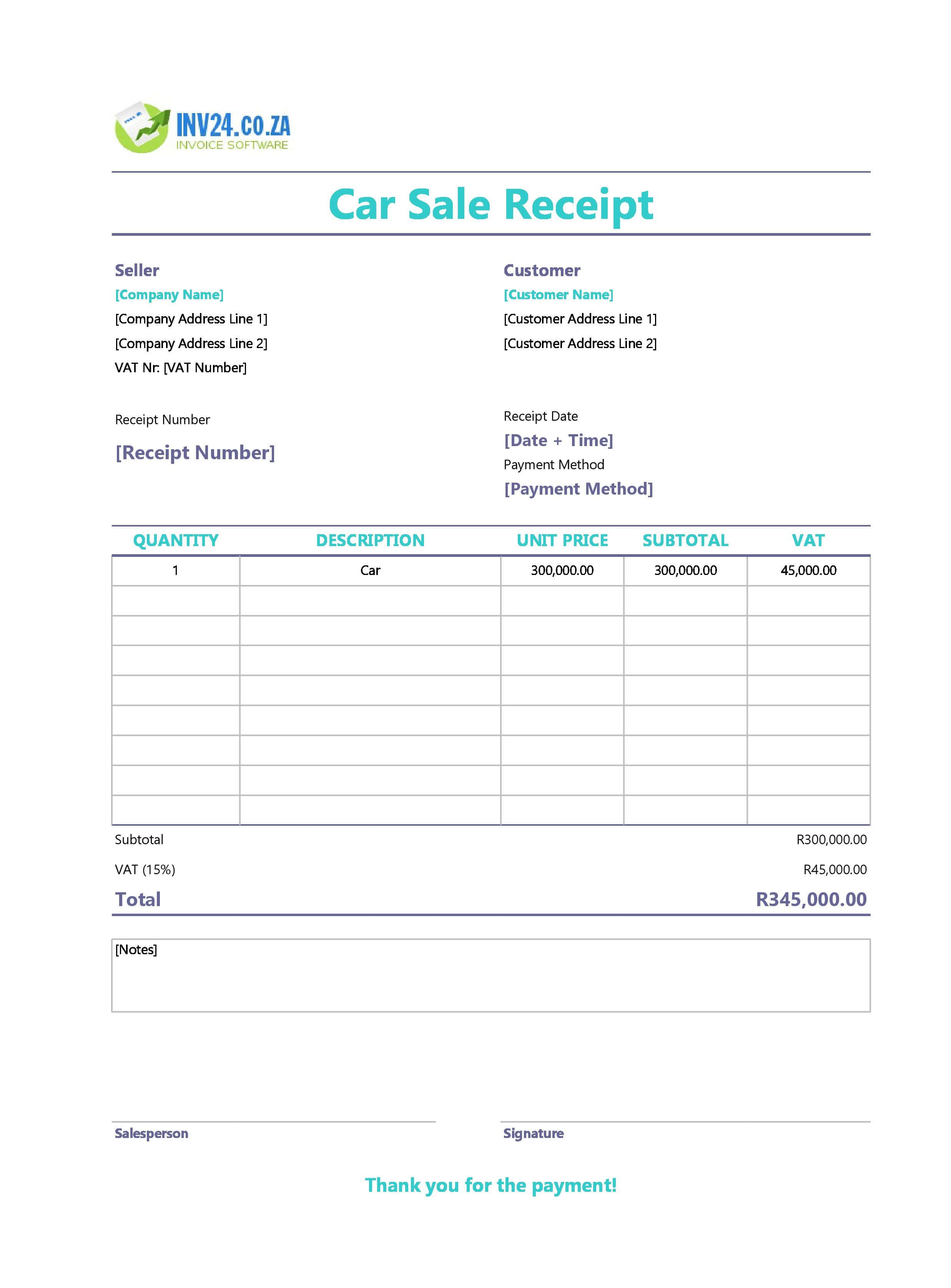 Car Sale Receipt Template for South Africa (Excel / Google Sheets)