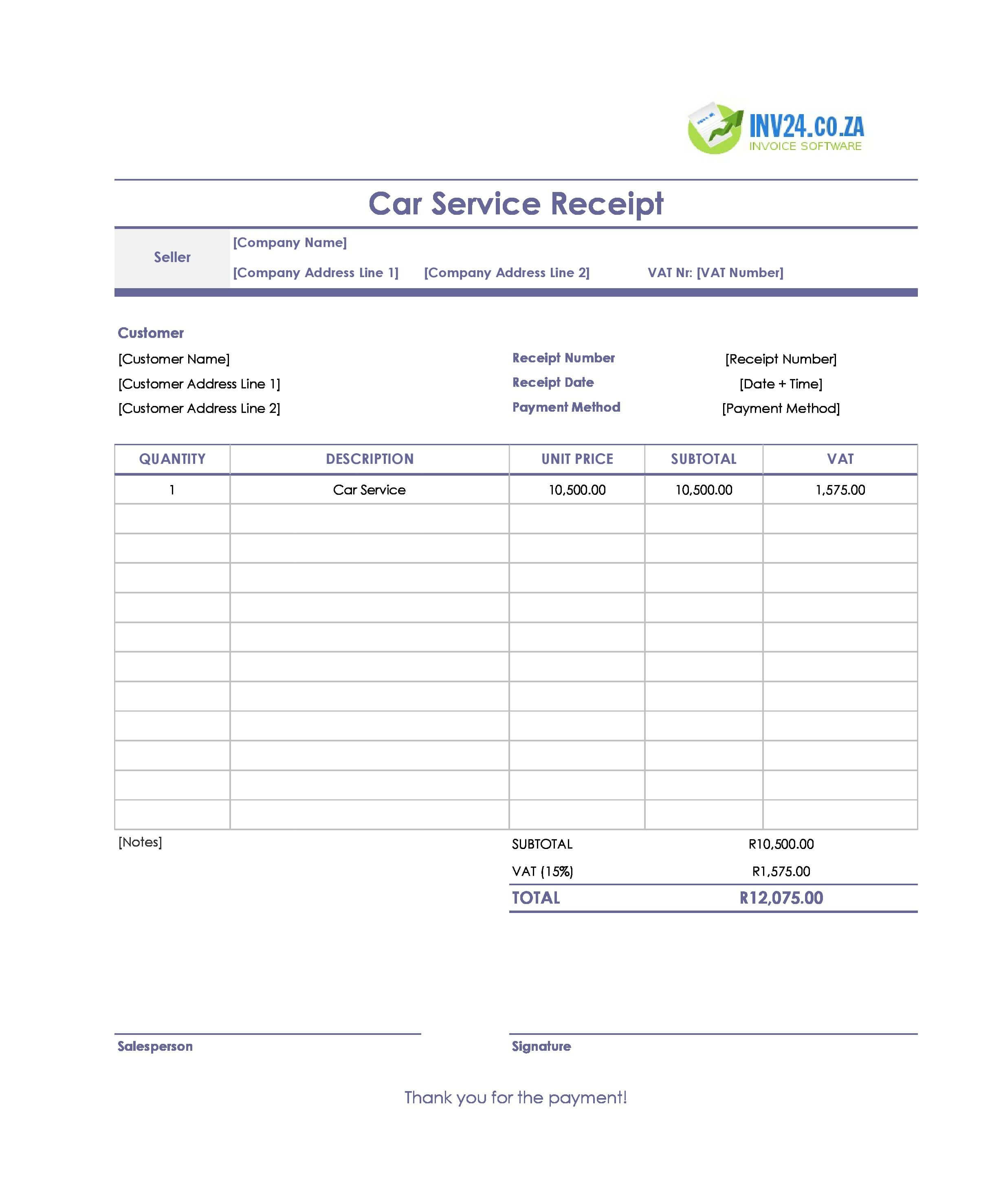 Car Service Receipt Template for South Africa (Excel / Google Sheets)