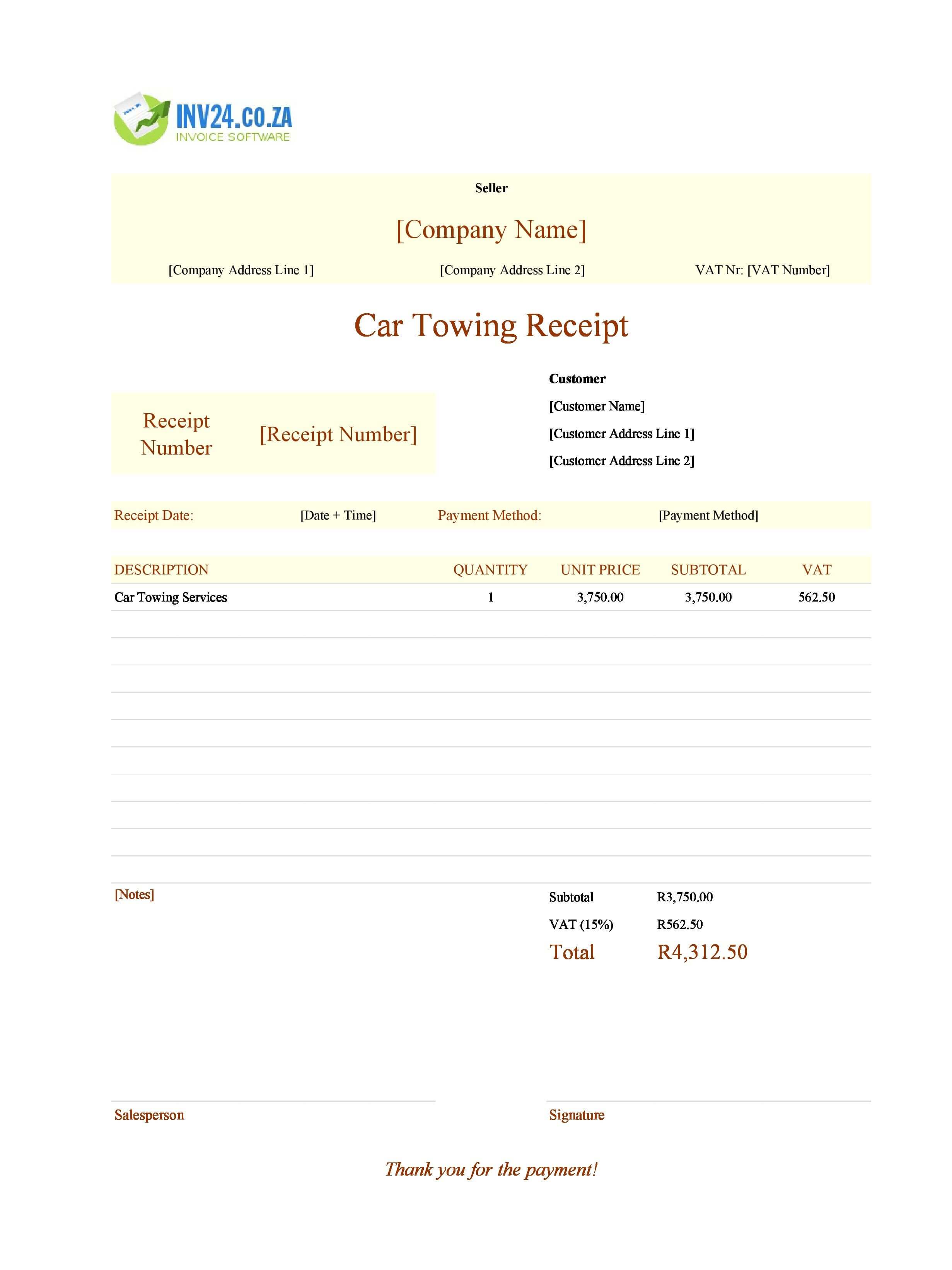 Car Towing Receipt Template for South Africa (Excel / Google Sheets)