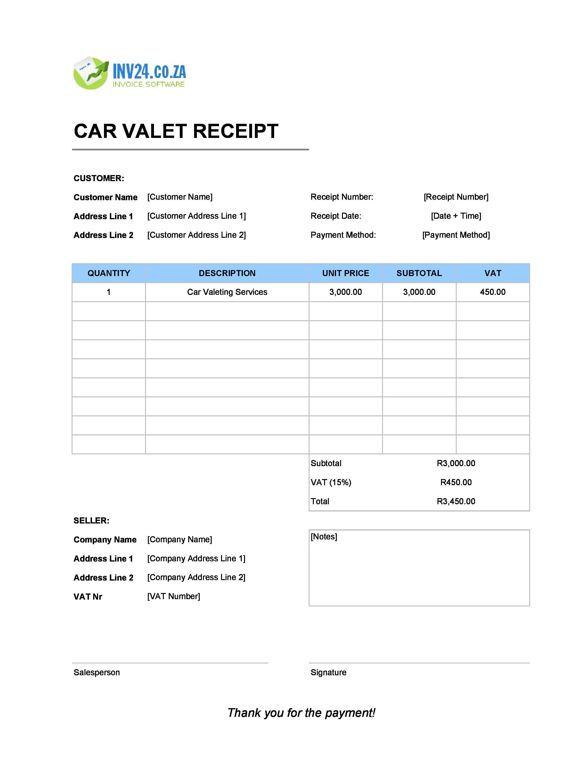 Car Valet Receipt Template for South Africa (Excel / Google Sheets)