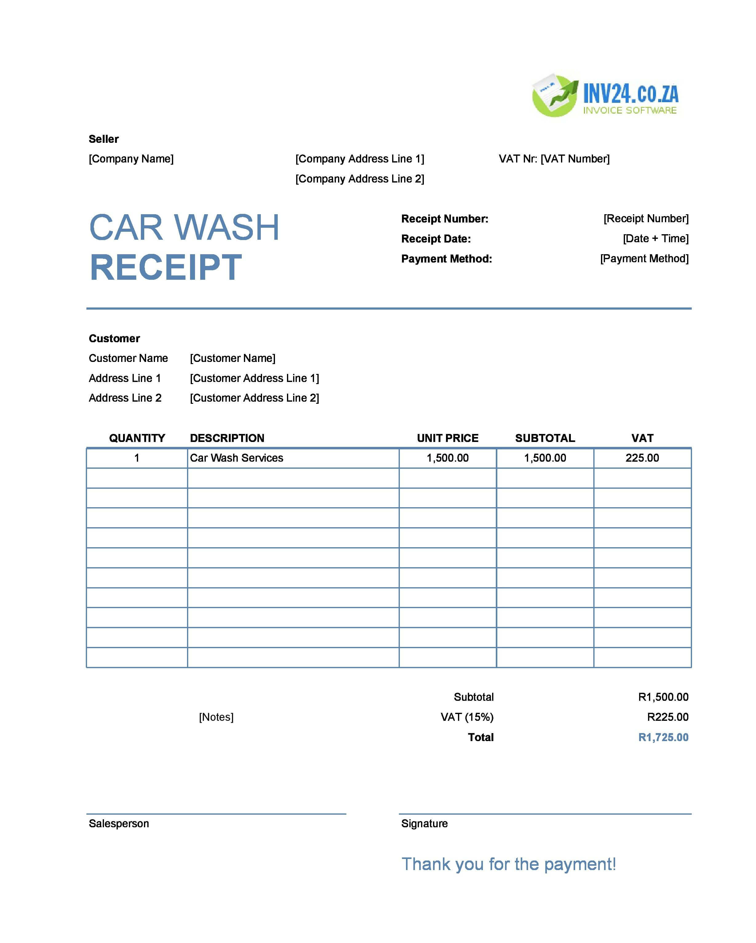 Car Wash Receipt Template for South Africa (Excel / Google Sheets)