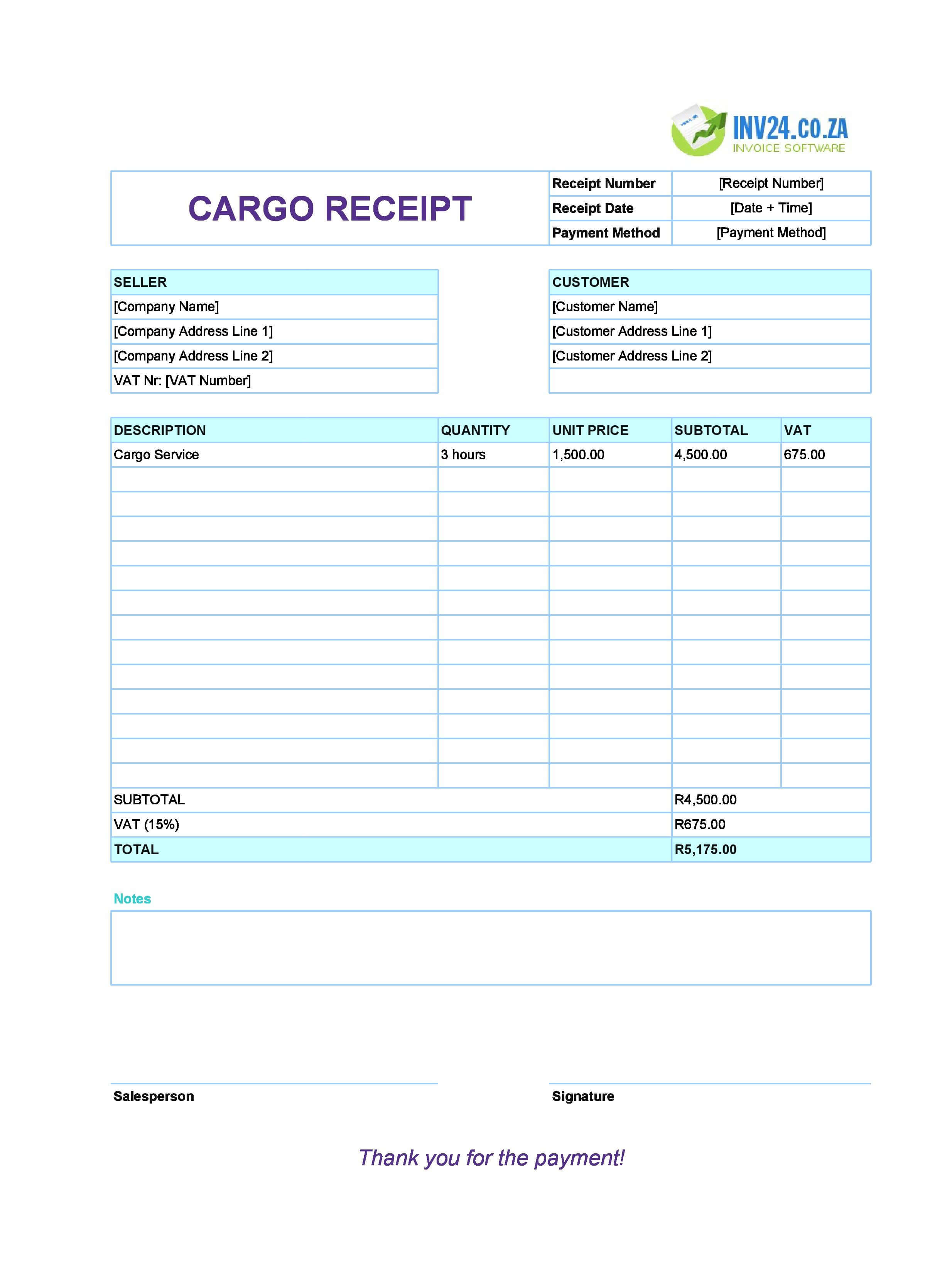 Cargo Receipt Template for South Africa (Excel / Google Sheets)