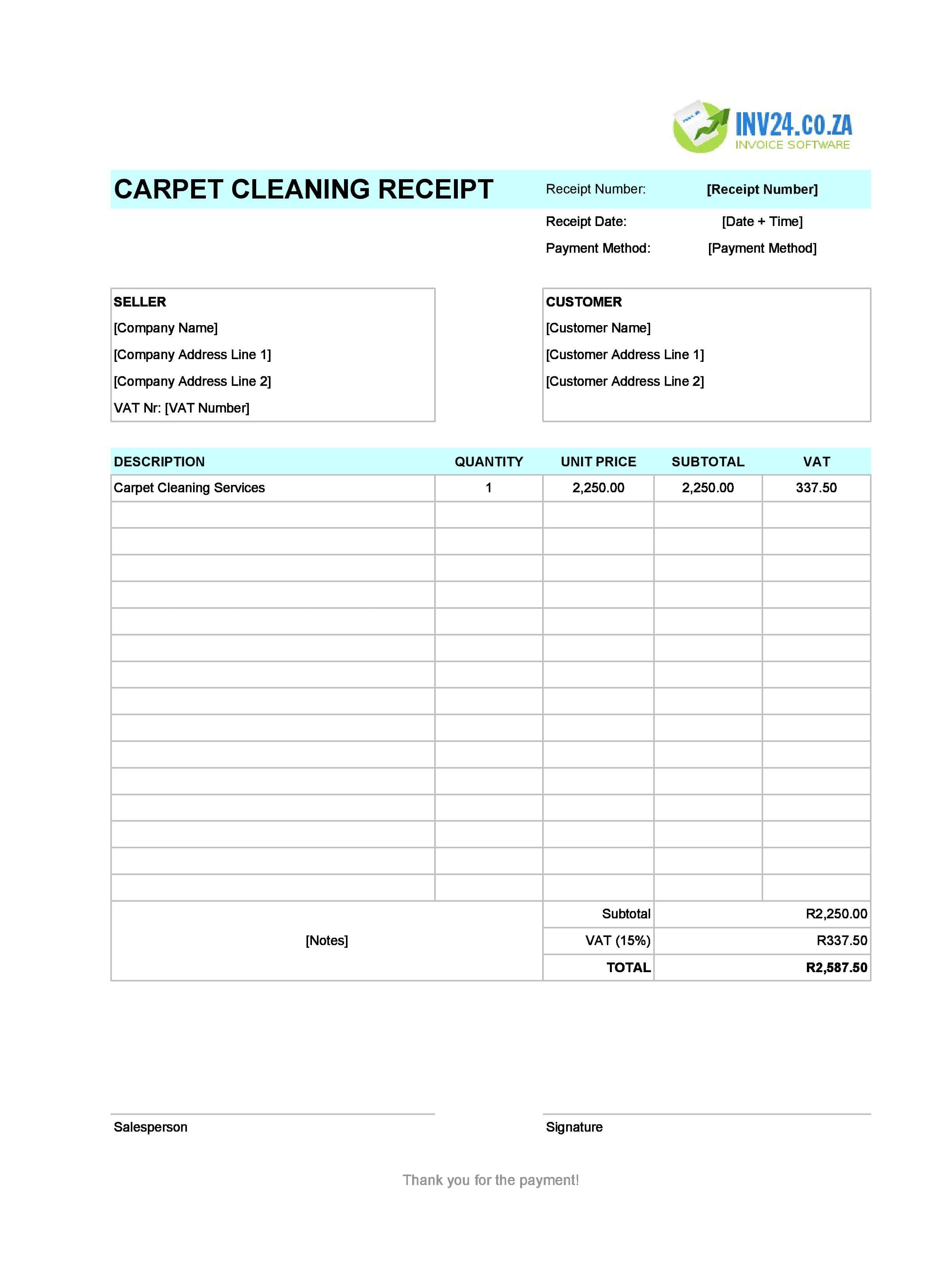 Carpet Cleaning Receipt Template for South Africa (Excel / Google Sheets)