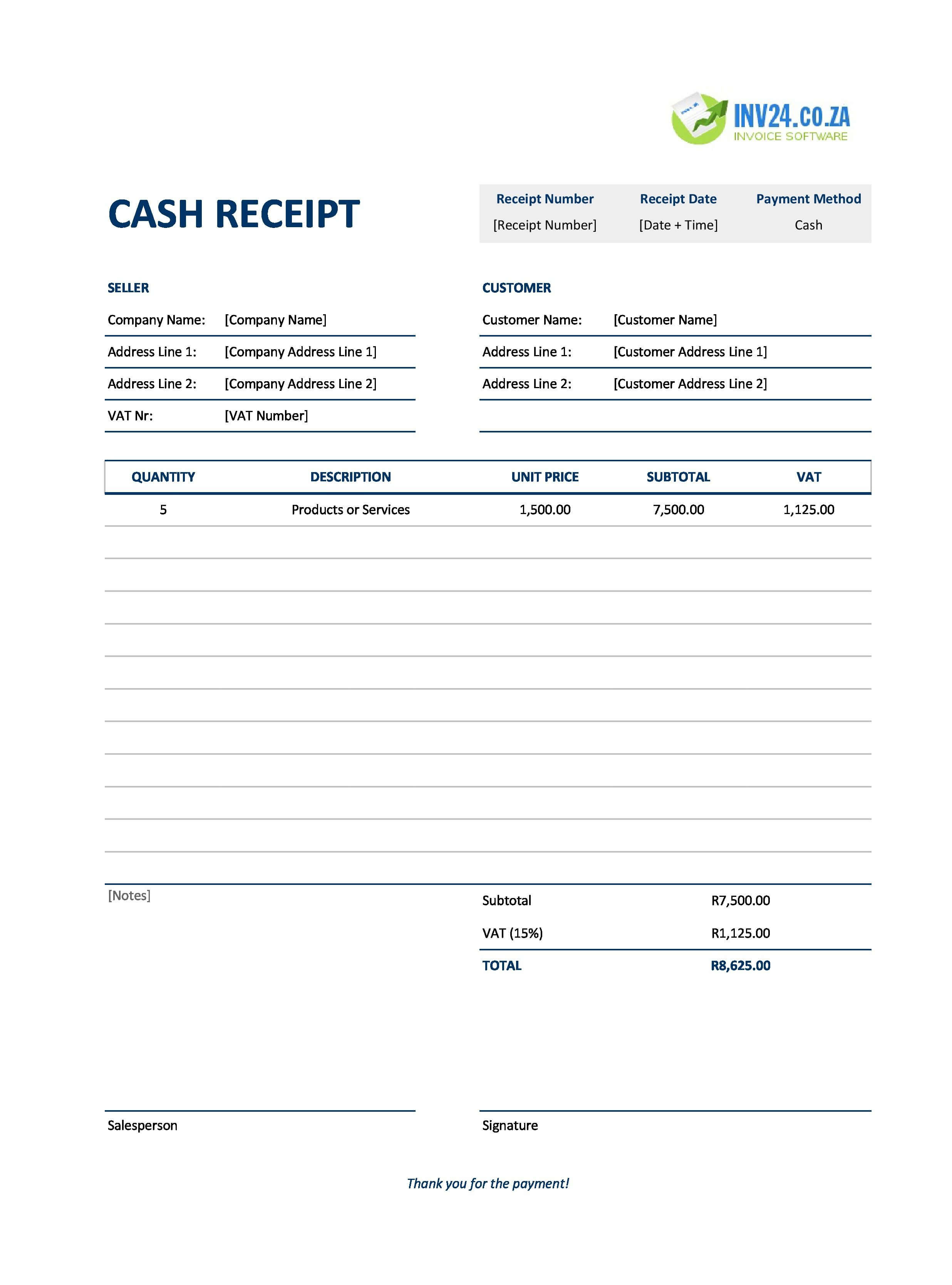 Cash Receipt Template for South Africa (Excel / Google Sheets)
