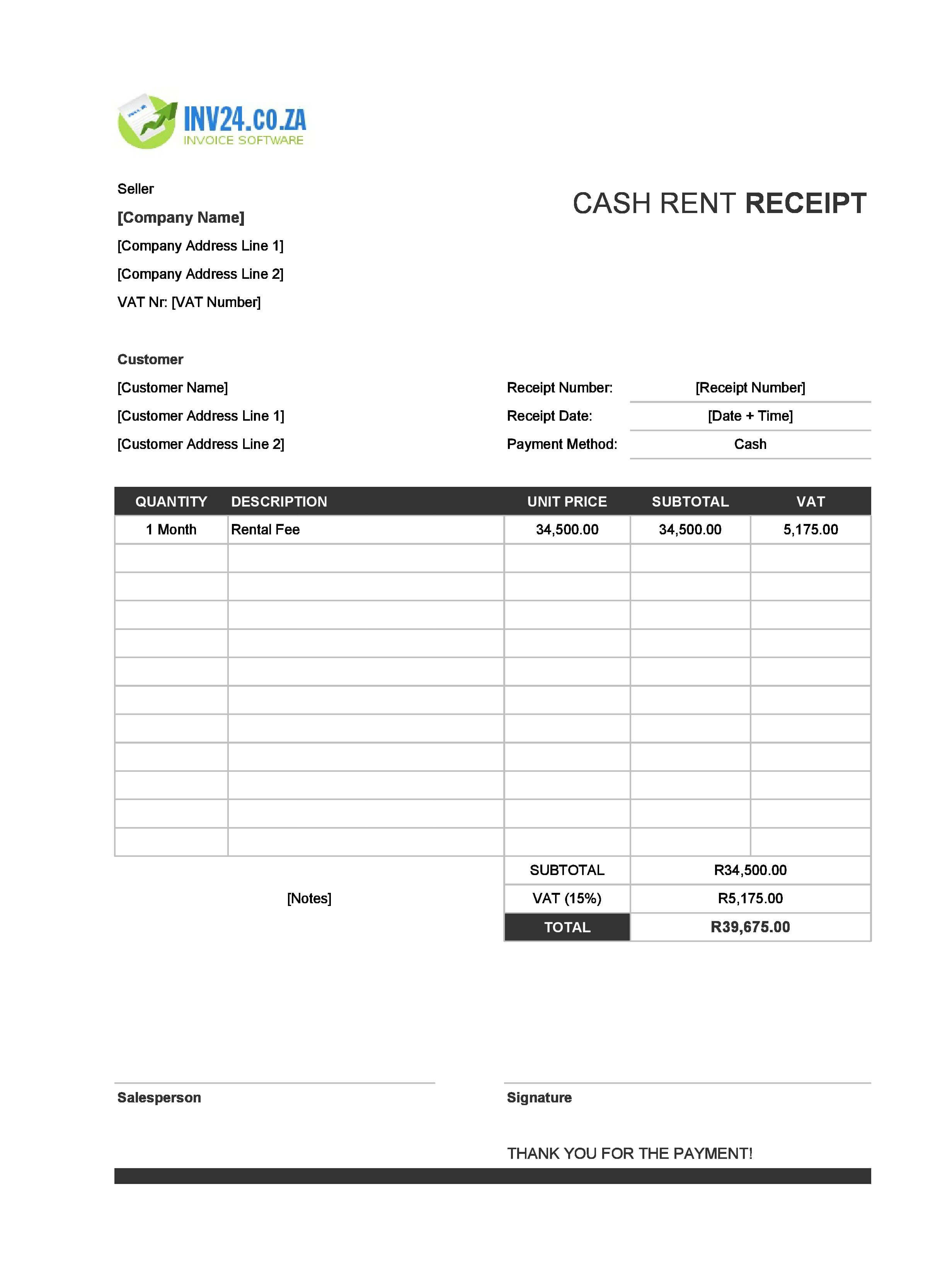 Cash Rent Receipt Template for South Africa (Excel / Google Sheets)