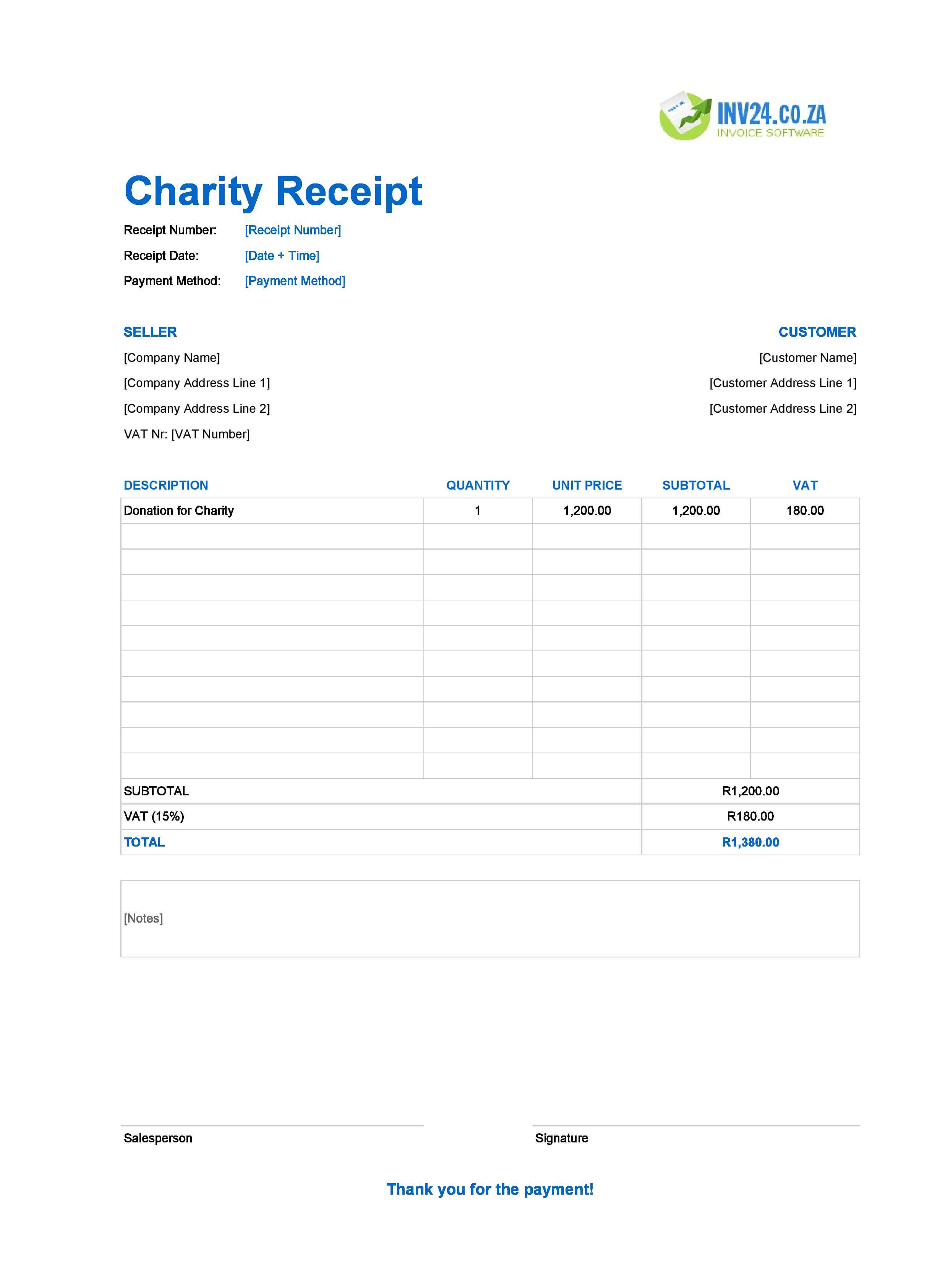 Charity Receipt Template for South Africa (Excel / Google Sheets)