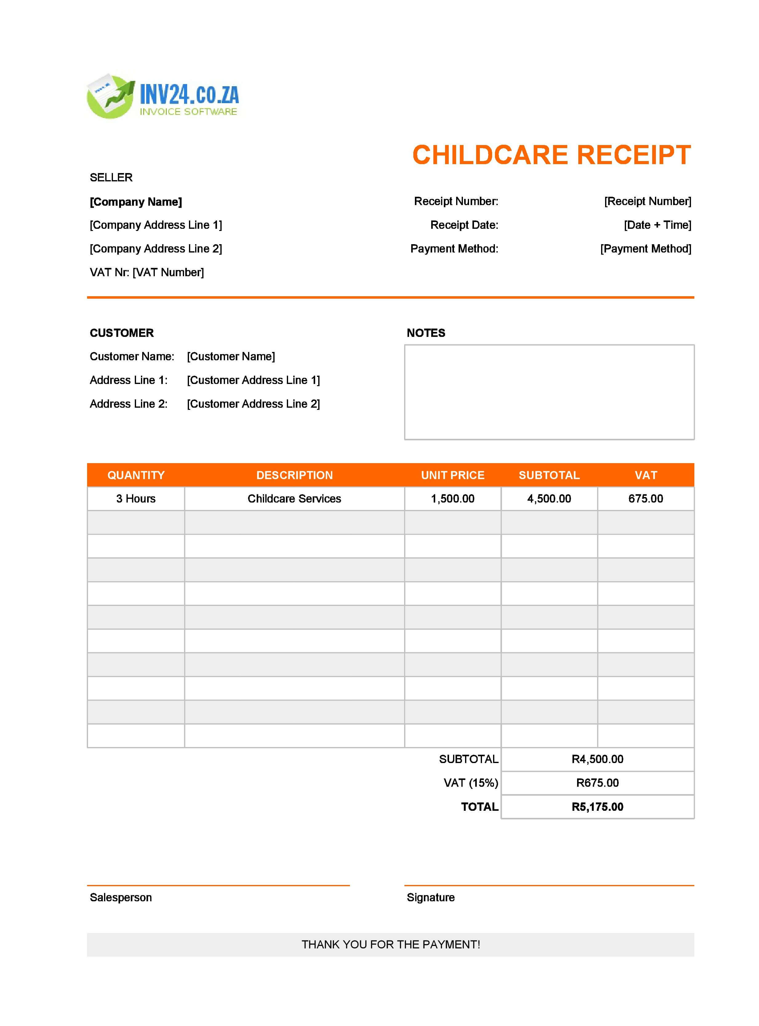 Childcare Receipt Template for South Africa (Excel / Google Sheets)