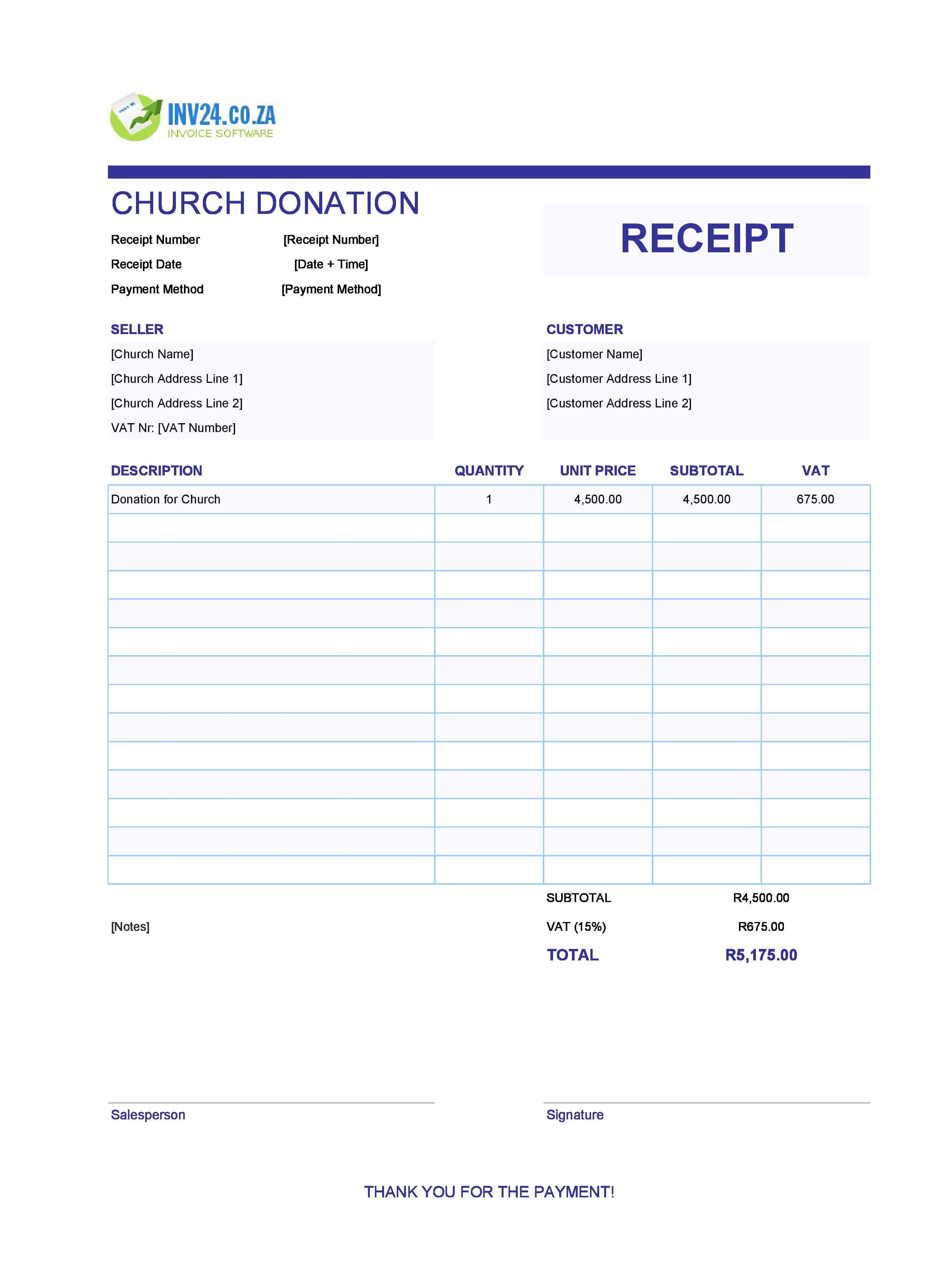 Church Donation Receipt Template for South Africa (Excel / Google Sheets)