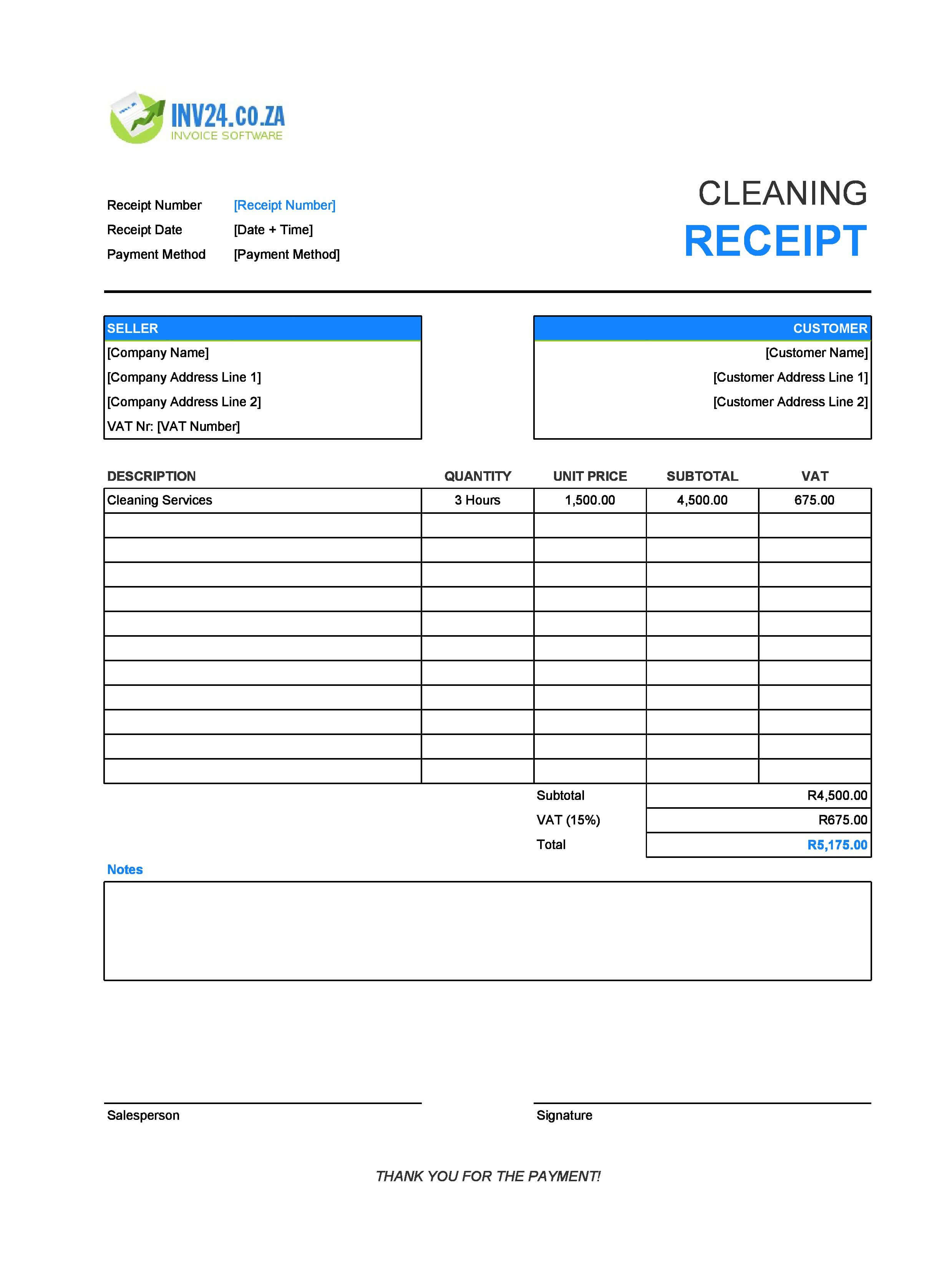 Cleaning Receipt Template for South Africa (Excel / Google Sheets)