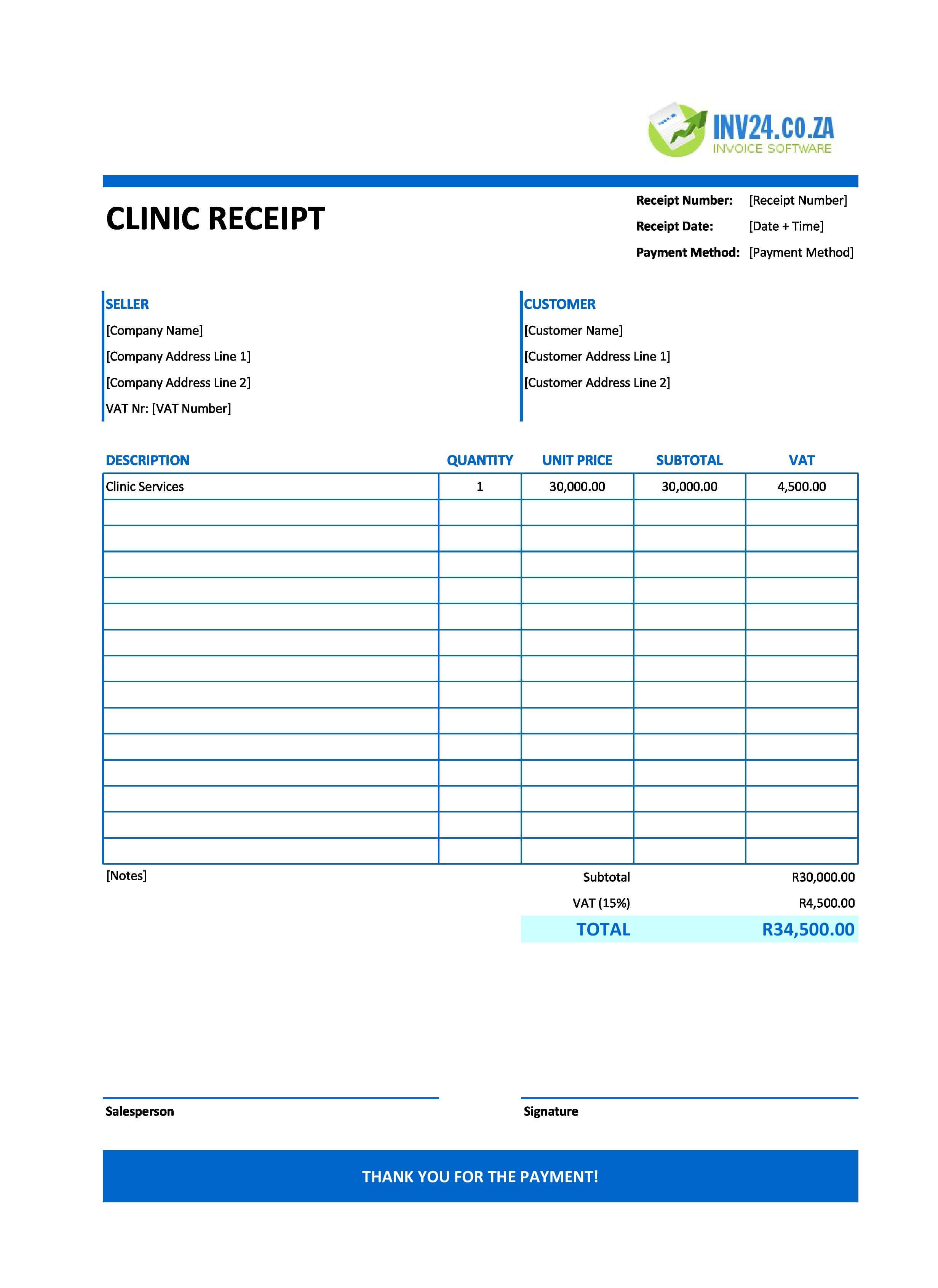 Clinic Receipt Template for South Africa (Excel / Google Sheets)