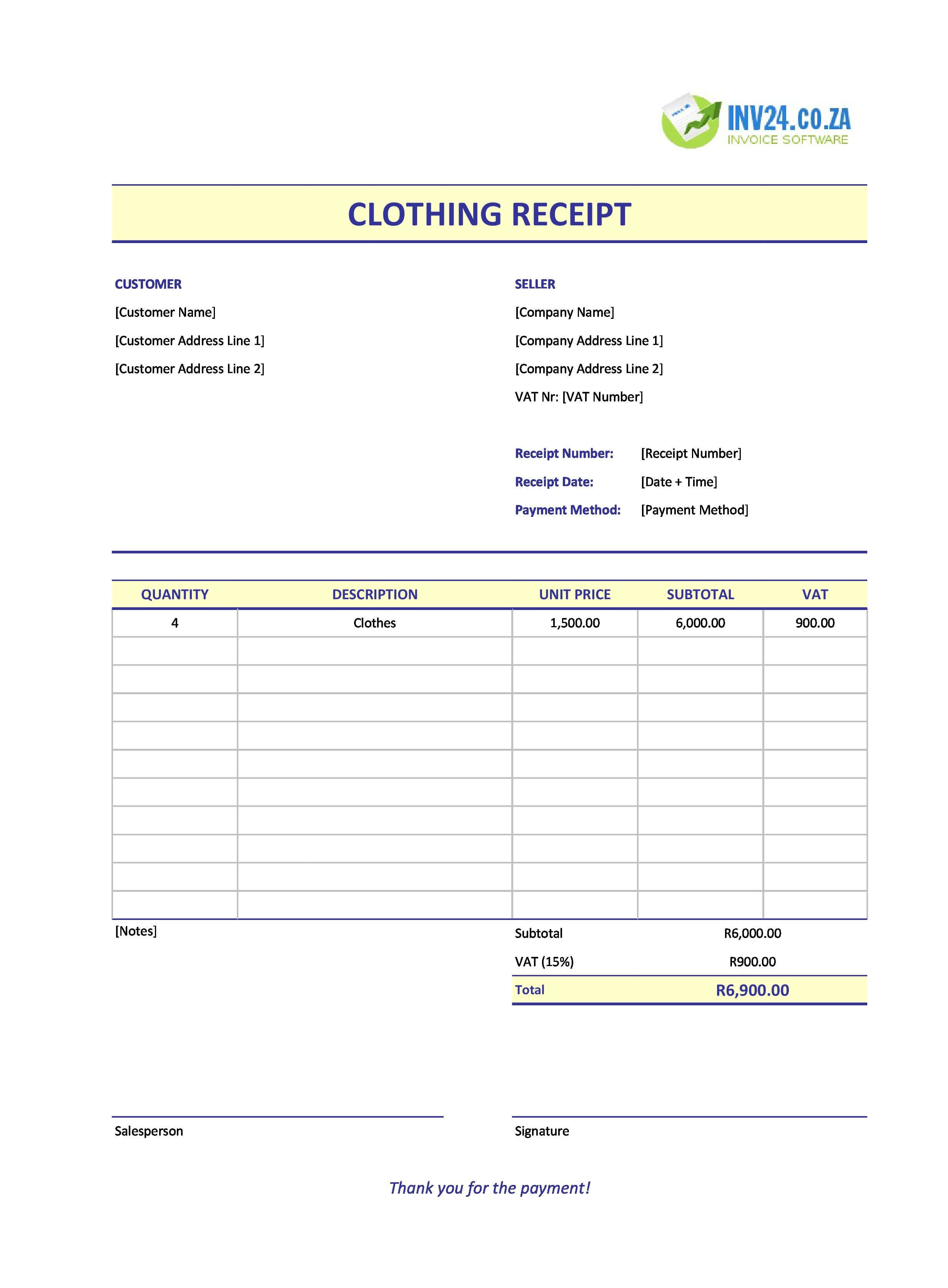 Clothing Receipt Template for South Africa (Excel / Google Sheets)