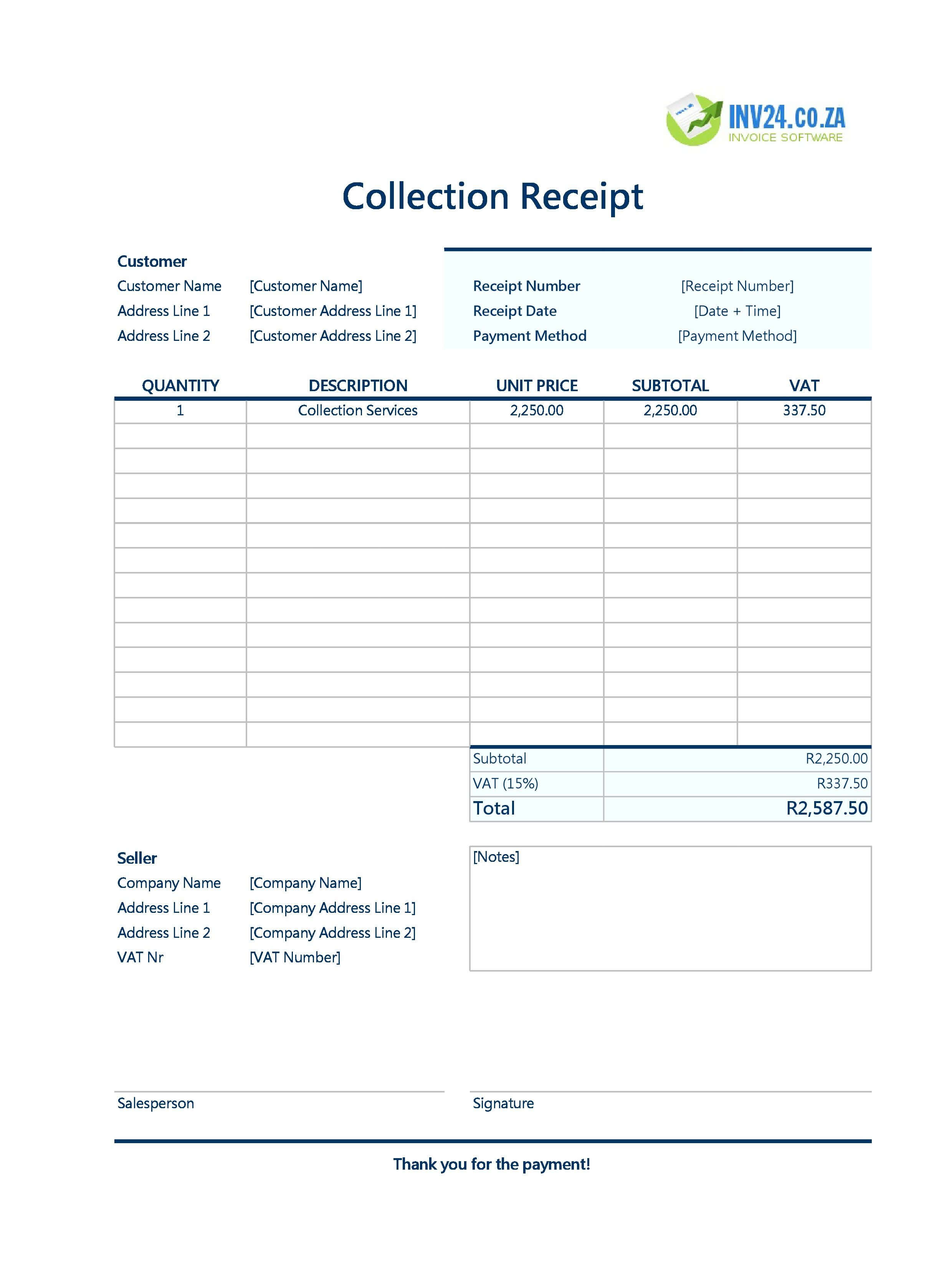 Collection Receipt Template for South Africa (Excel / Google Sheets)