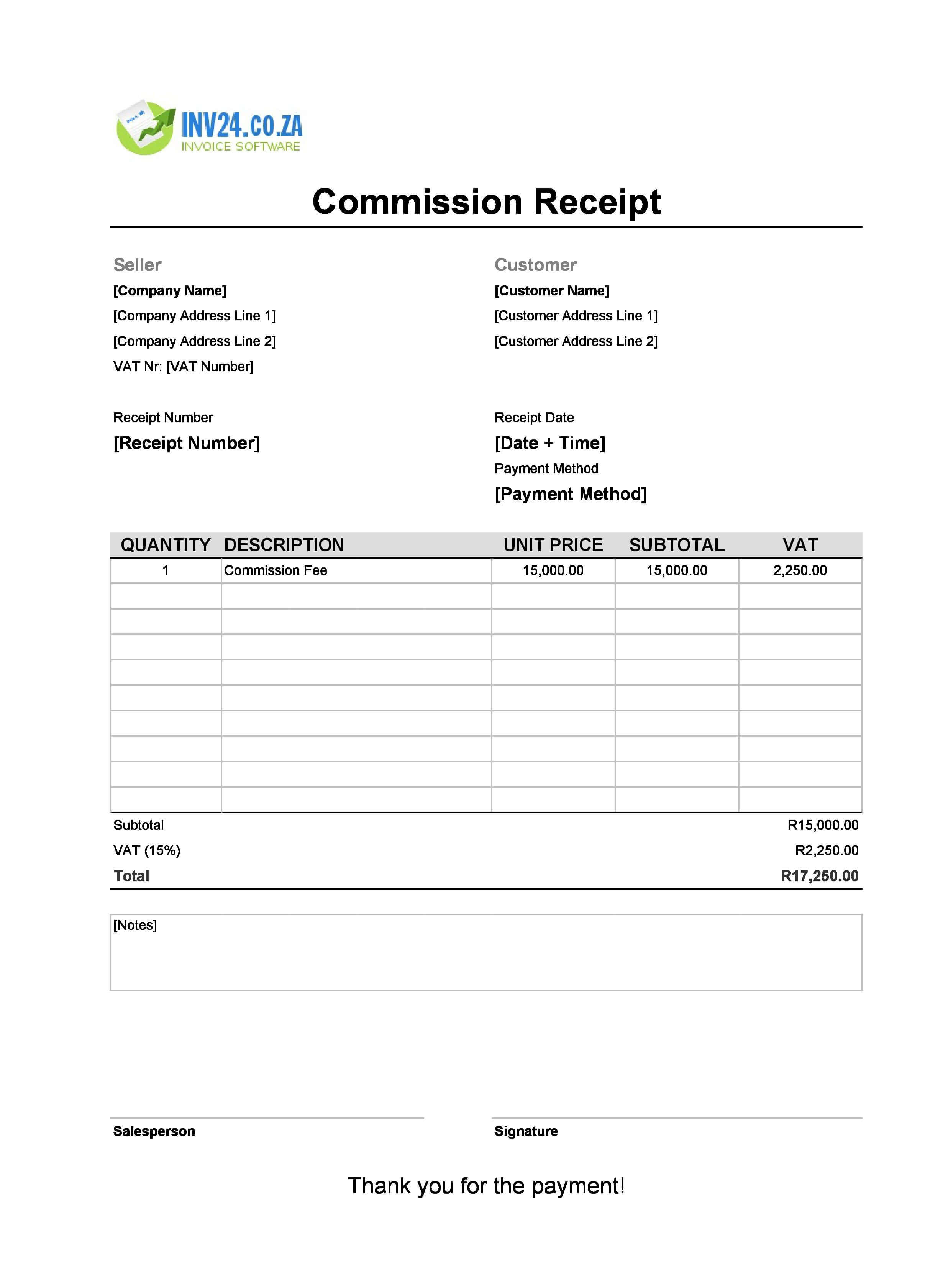 Commission Receipt Template for South Africa (Excel / Google Sheets)