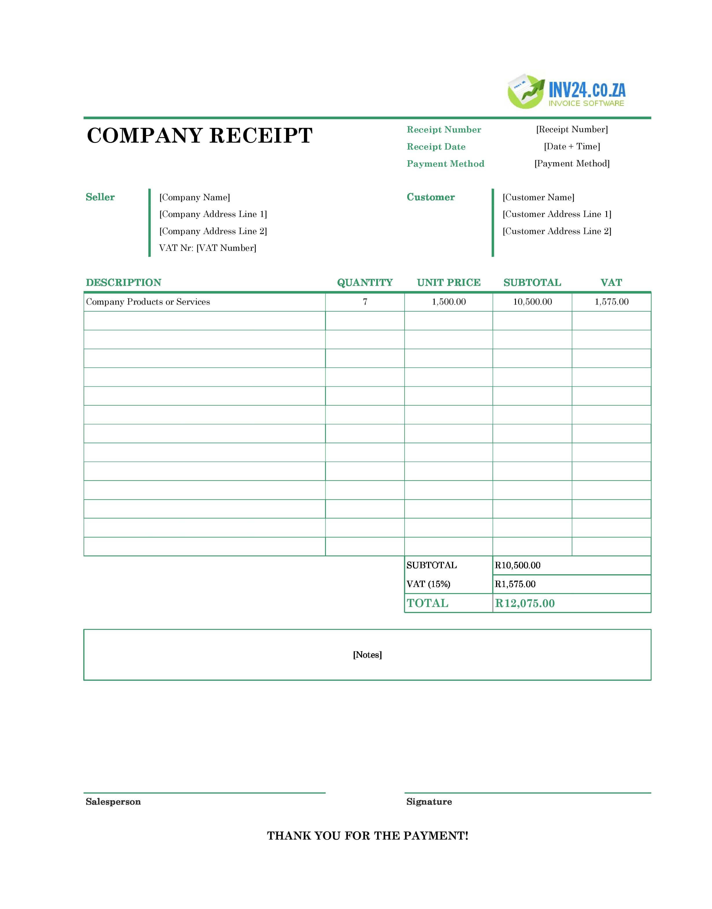 Company Receipt Template for South Africa (Excel / Google Sheets)