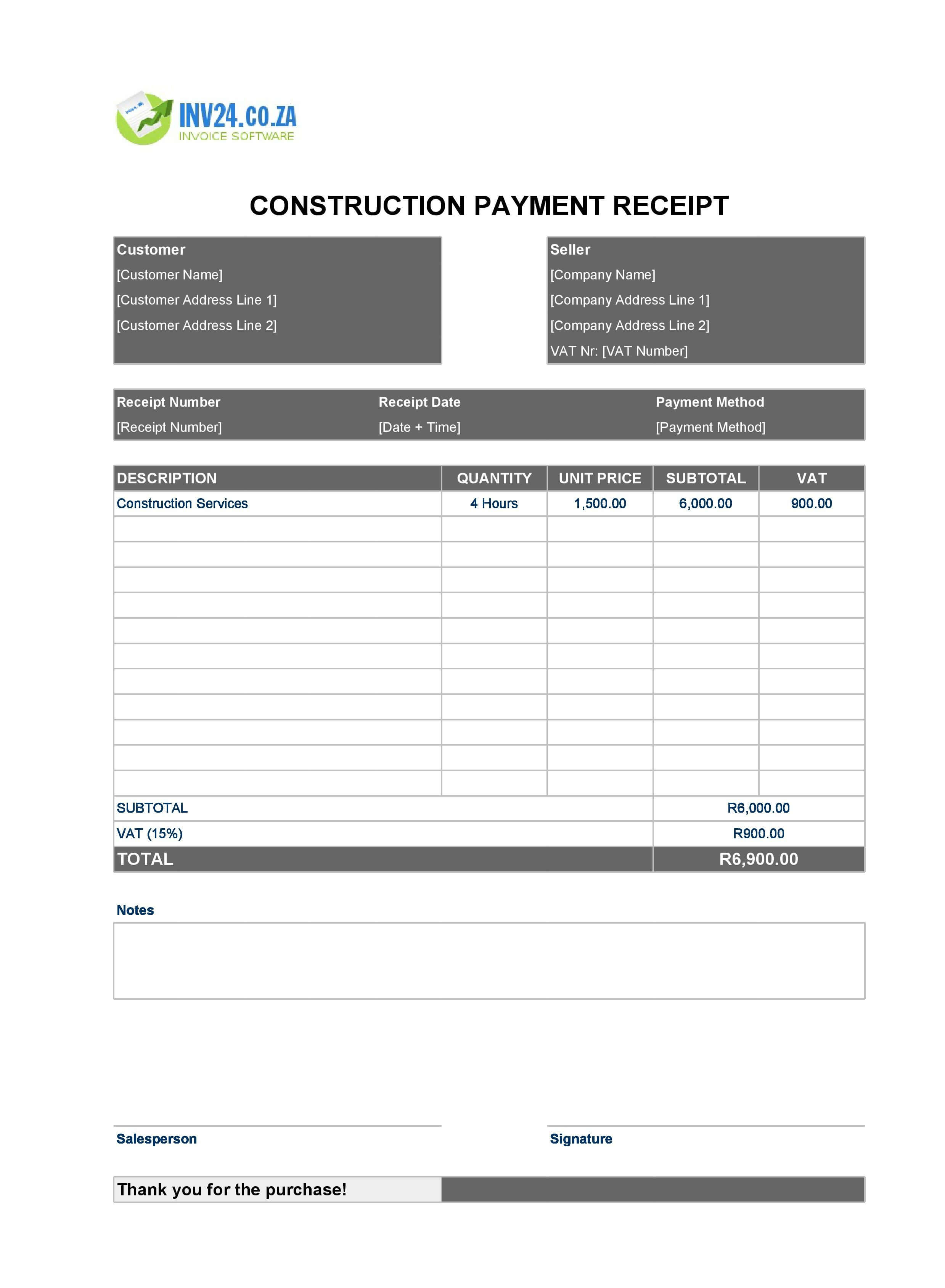 Construction Payment Receipt Template for South Africa (Excel / Google Sheets)