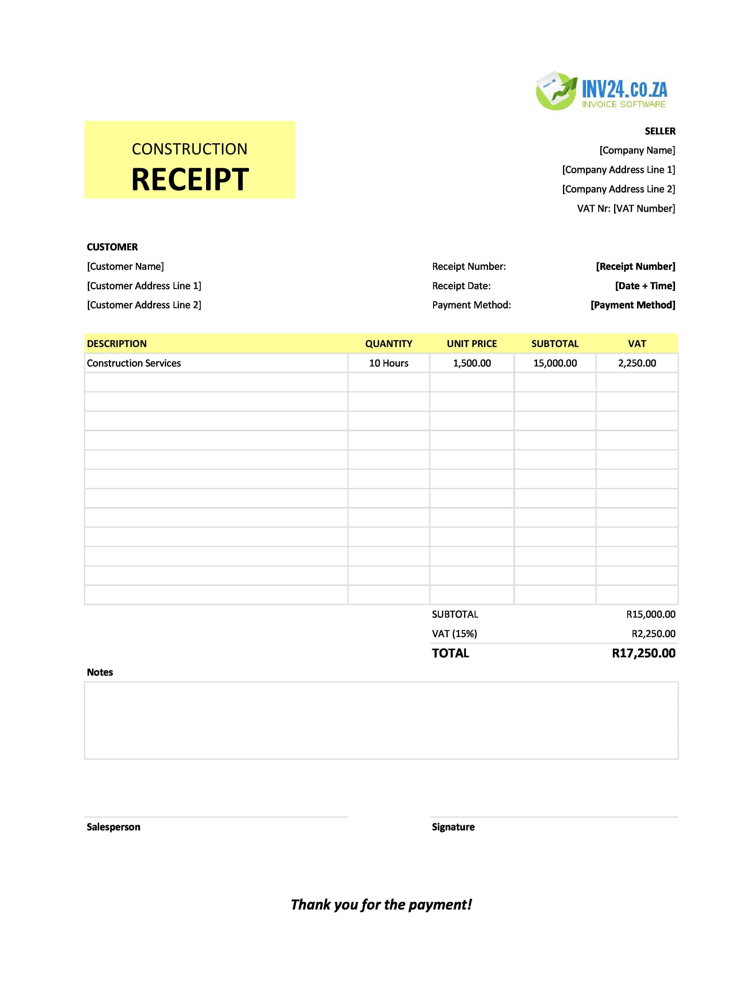 Construction Receipt Template for South Africa (Excel / Google Sheets)