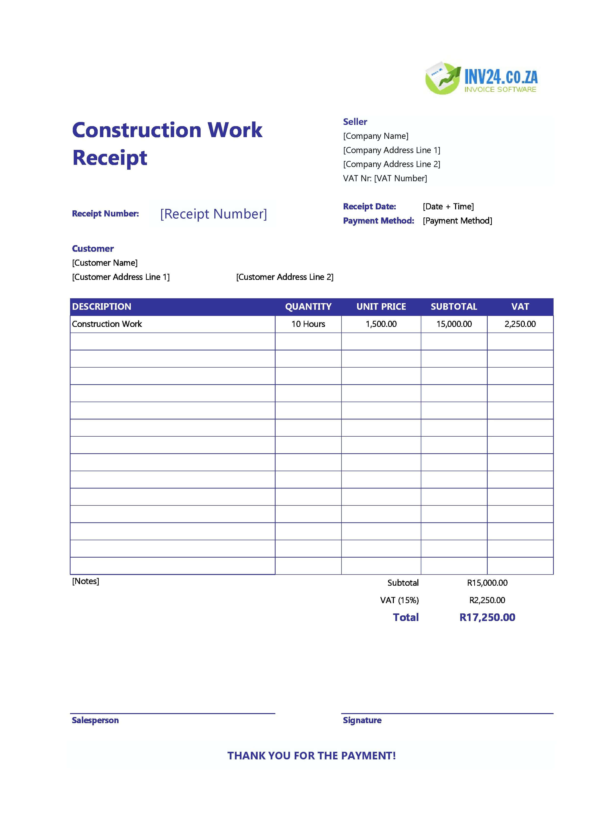 Construction Work Receipt Template for South Africa (Excel / Google Sheets)
