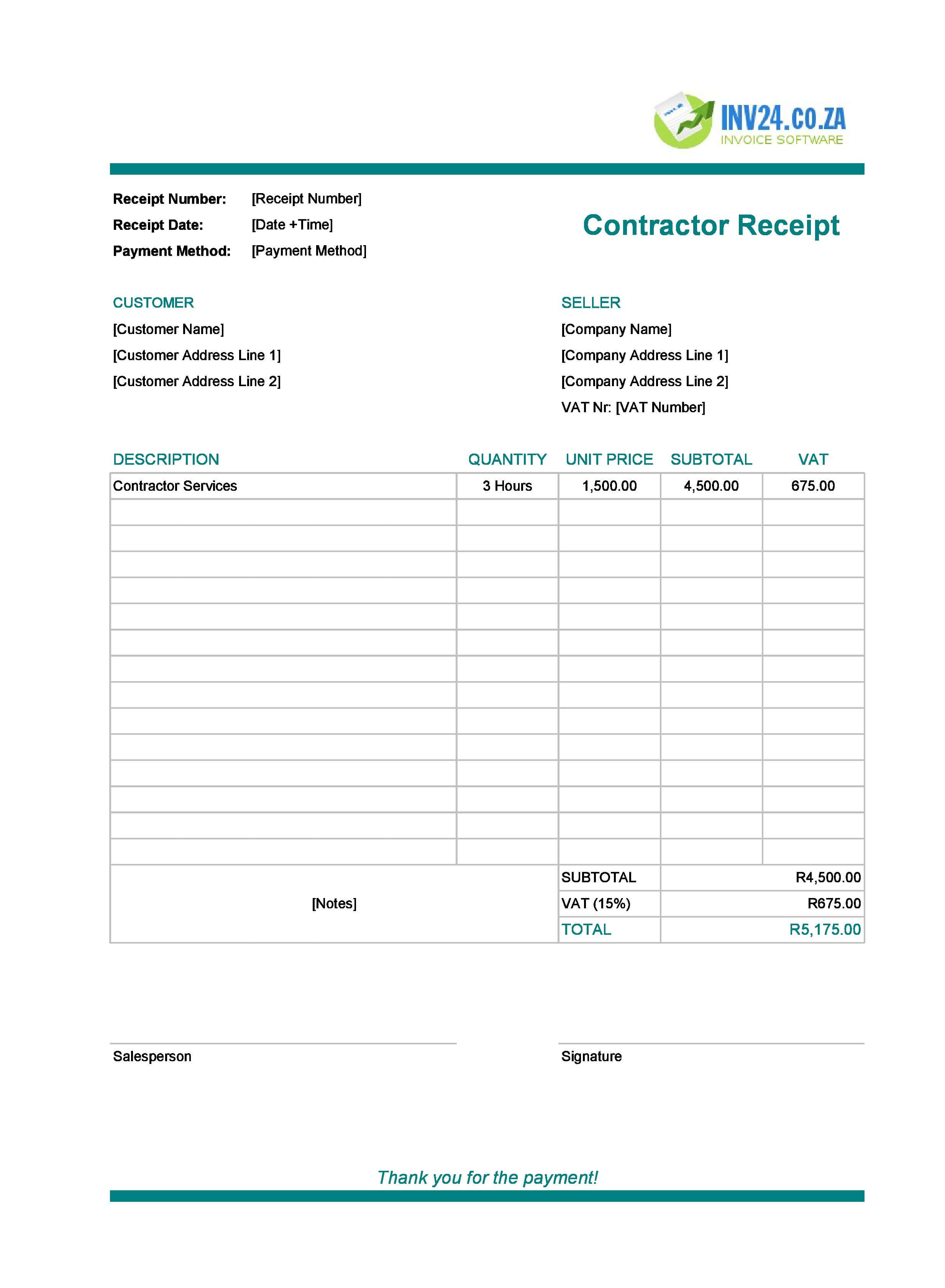 Contractor Receipt Template for South Africa (Excel / Google Sheets)