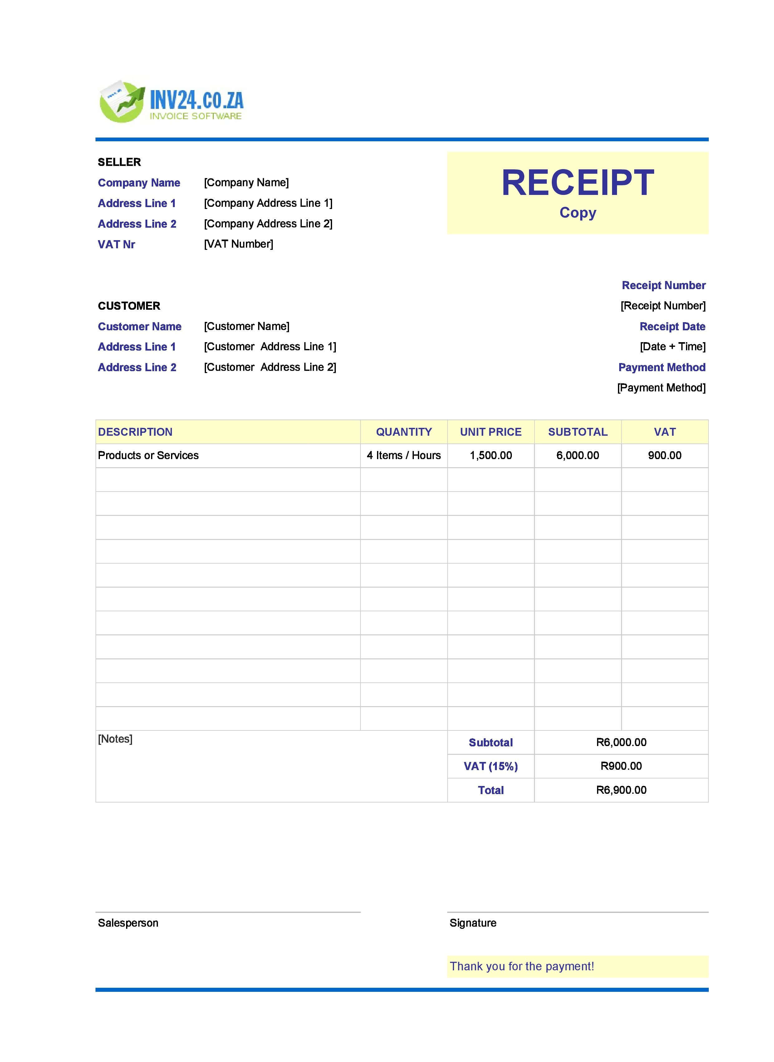 Copy of Receipt Template for South Africa (Excel / Google Sheets)