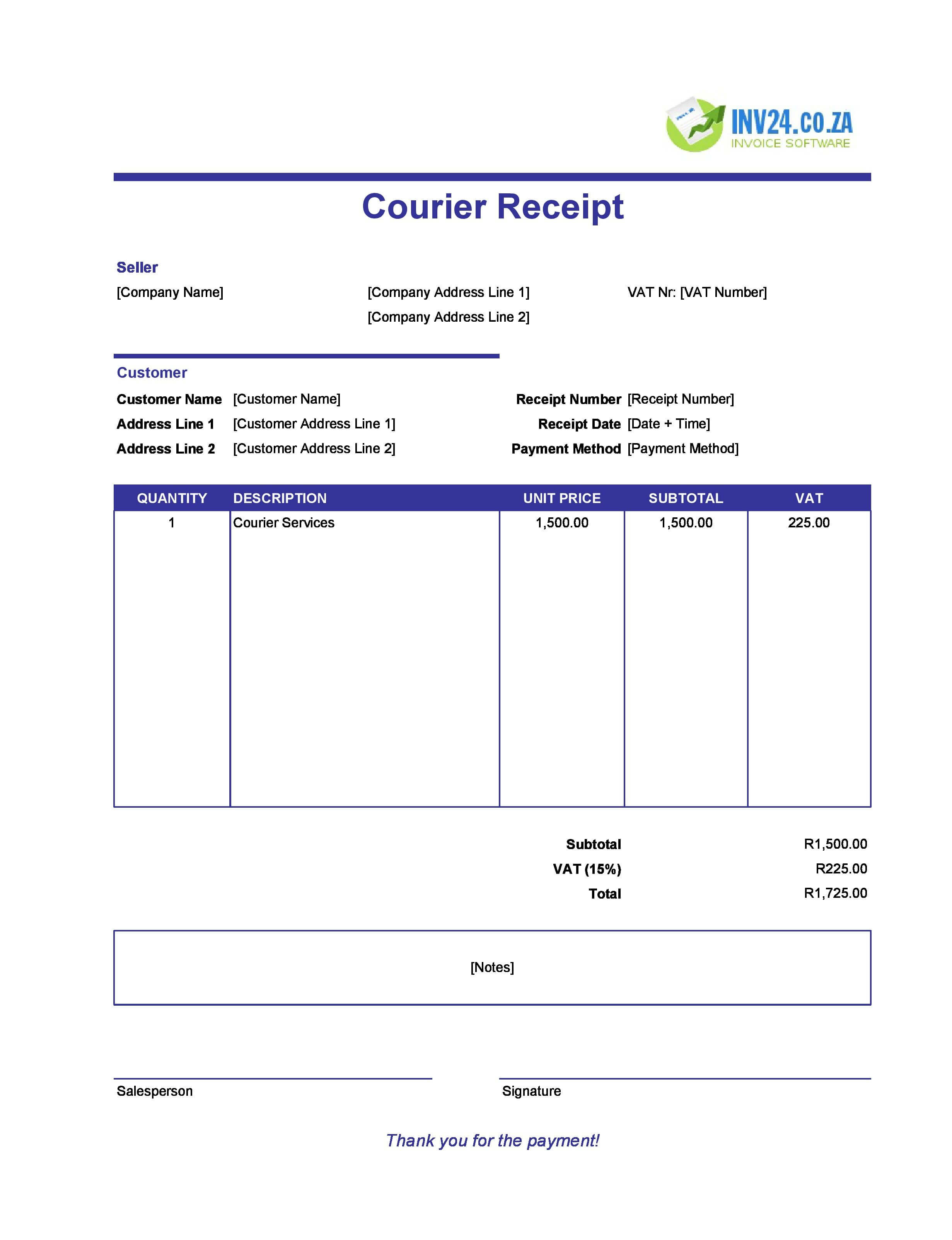 Courier Receipt Template for South Africa (Excel / Google Sheets)