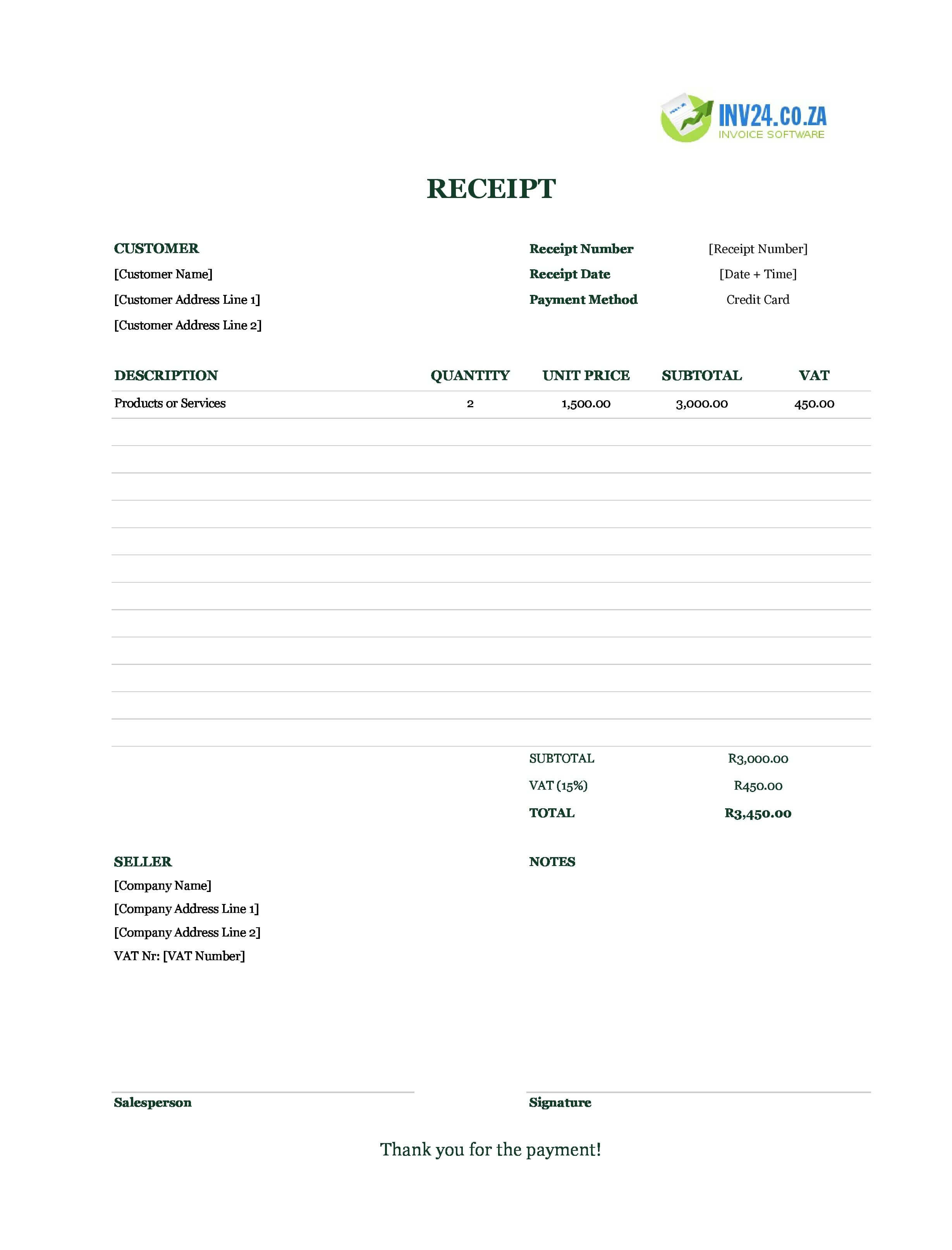 Credit Card Receipt Template for South Africa (Excel / Google Sheets)