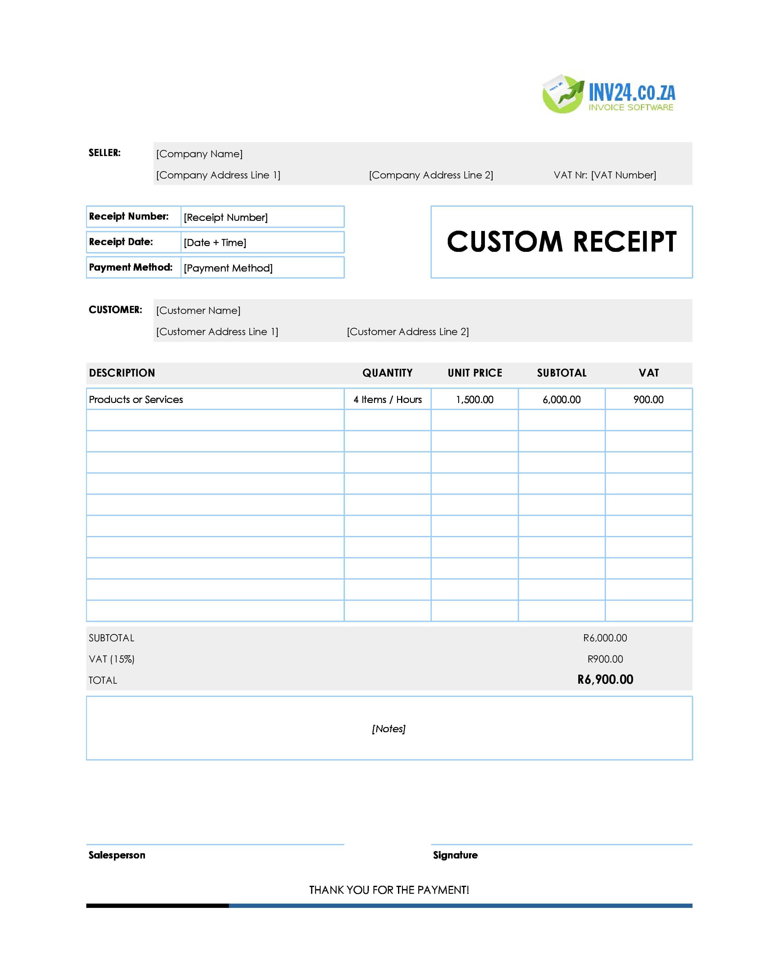 Custom Receipt Template for South Africa (Excel / Google Sheets)