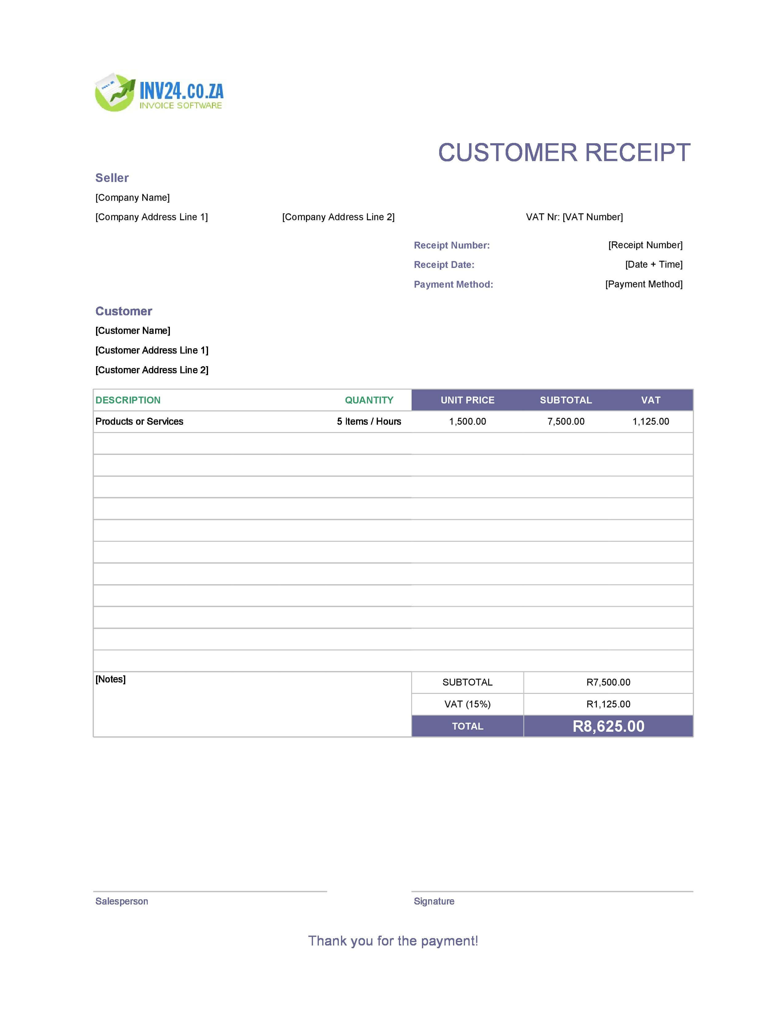 Customer Receipt Template for South Africa (Excel / Google Sheets)