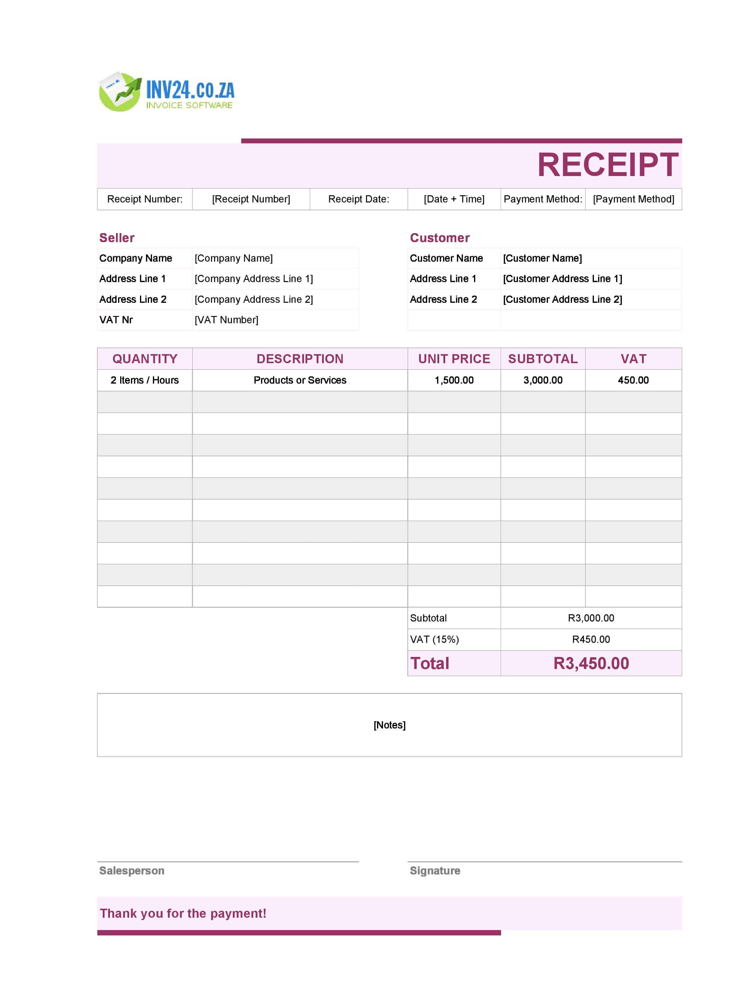 Cute Receipt Template for South Africa (Excel / Google Sheets)