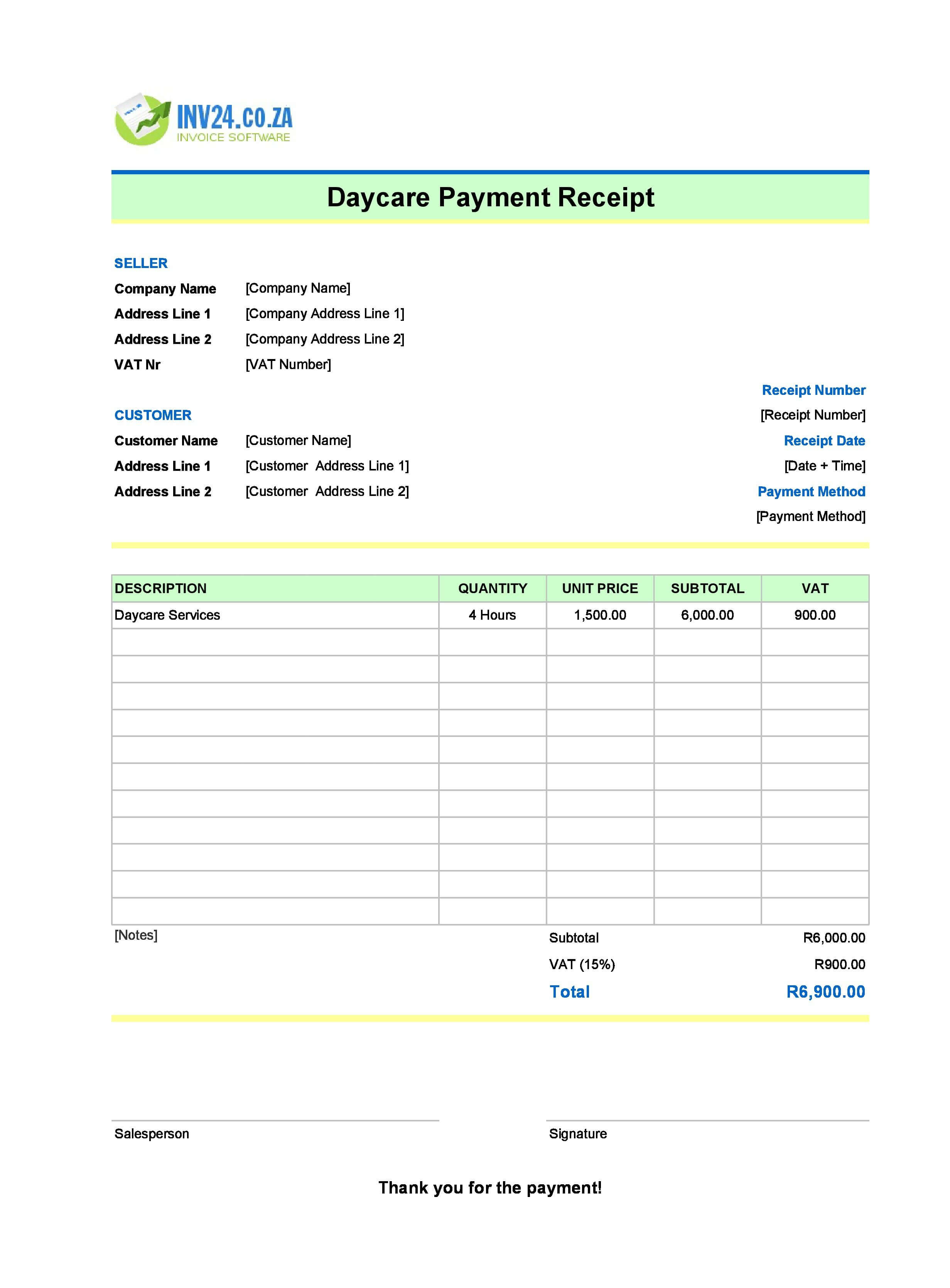 Daycare Payment Receipt Template for South Africa (Excel / Google Sheets)