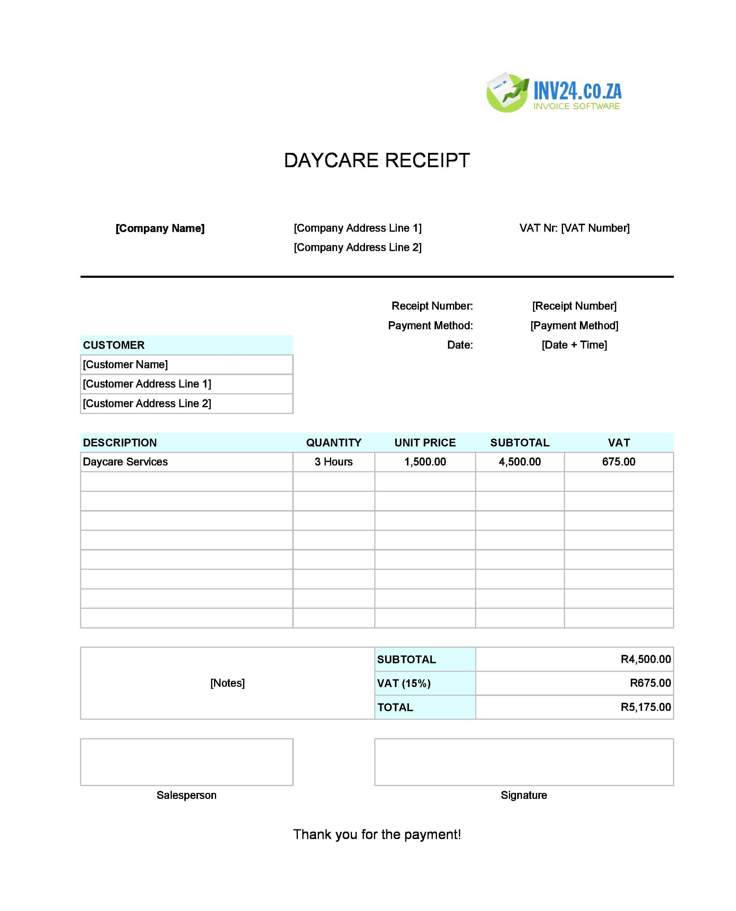 Daycare Receipt Template for South Africa (Excel / Google Sheets)
