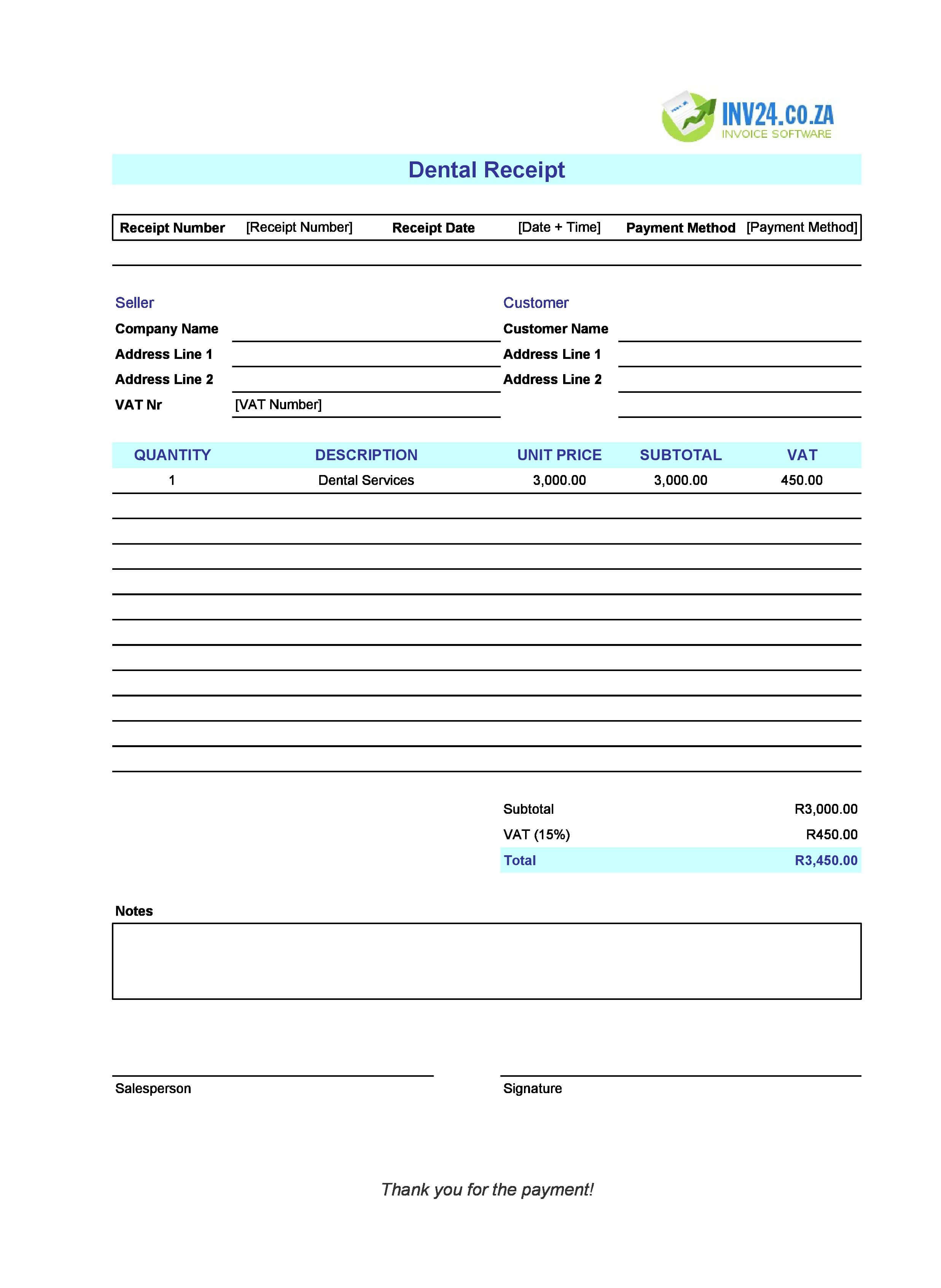 Dental Receipt Template for South Africa (Excel / Google Sheets)