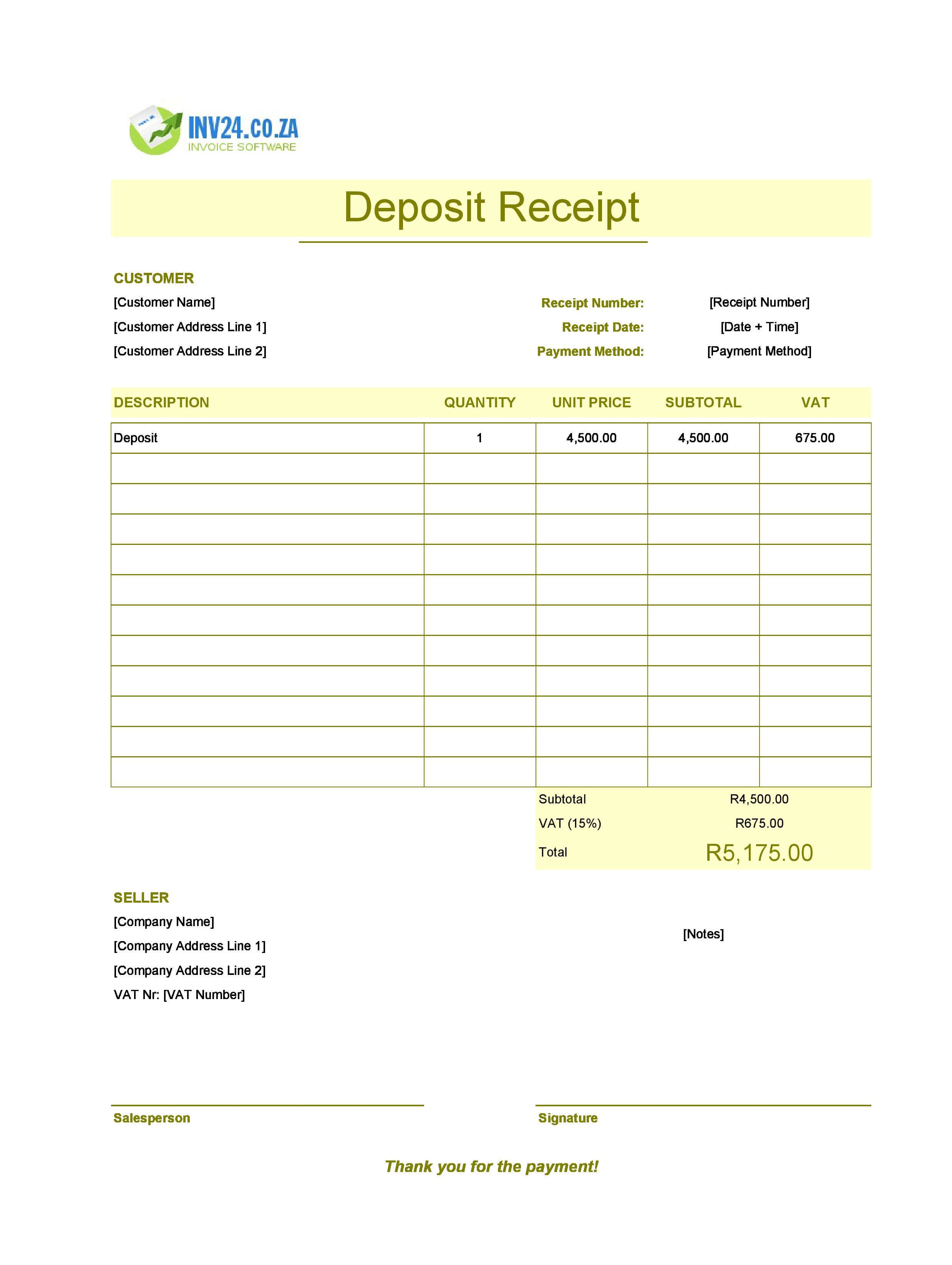 Deposit Receipt Template for South Africa (Excel / Google Sheets)