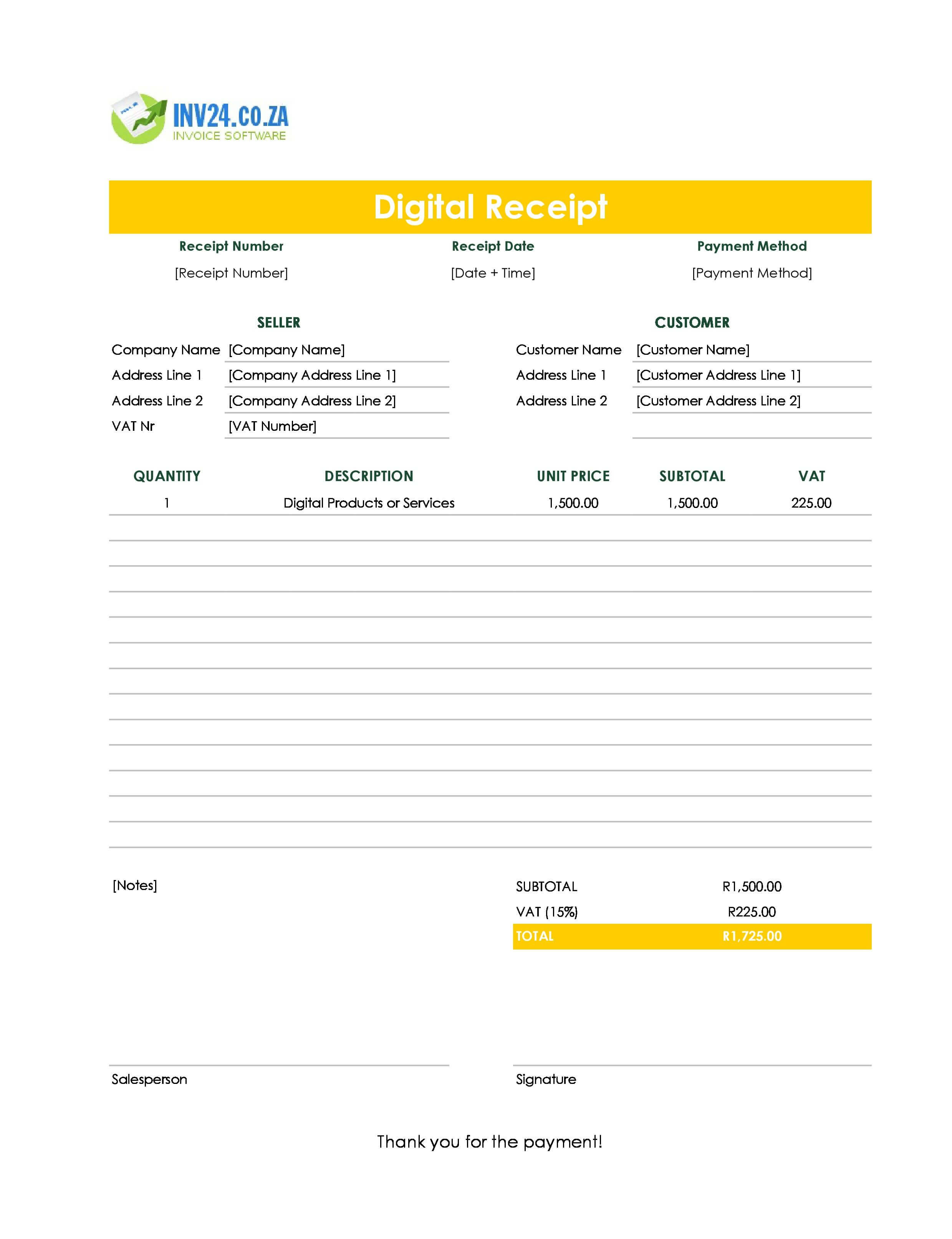 Digital Receipt Template for South Africa (Excel / Google Sheets)