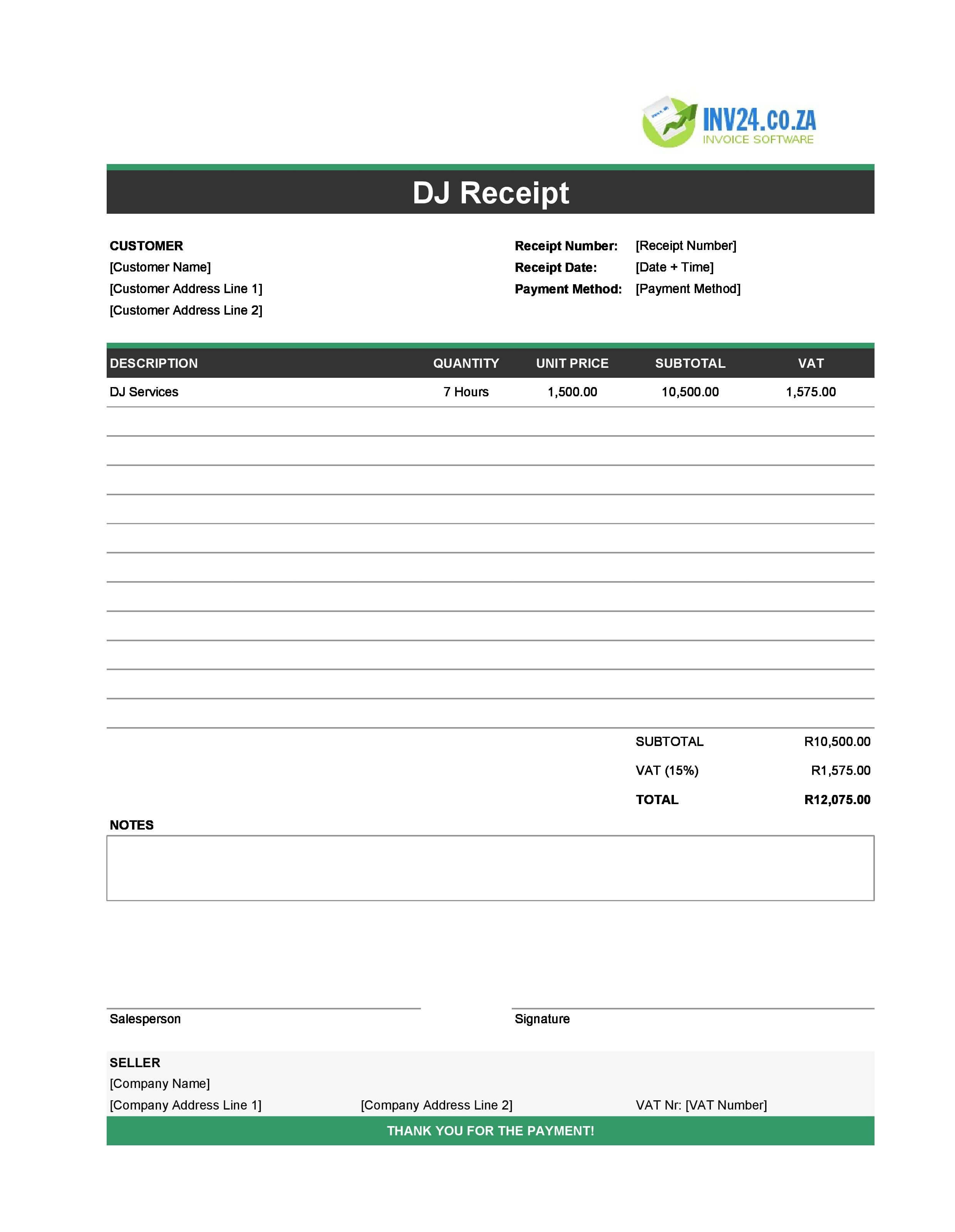 DJ Receipt Template for South Africa (Excel / Google Sheets)